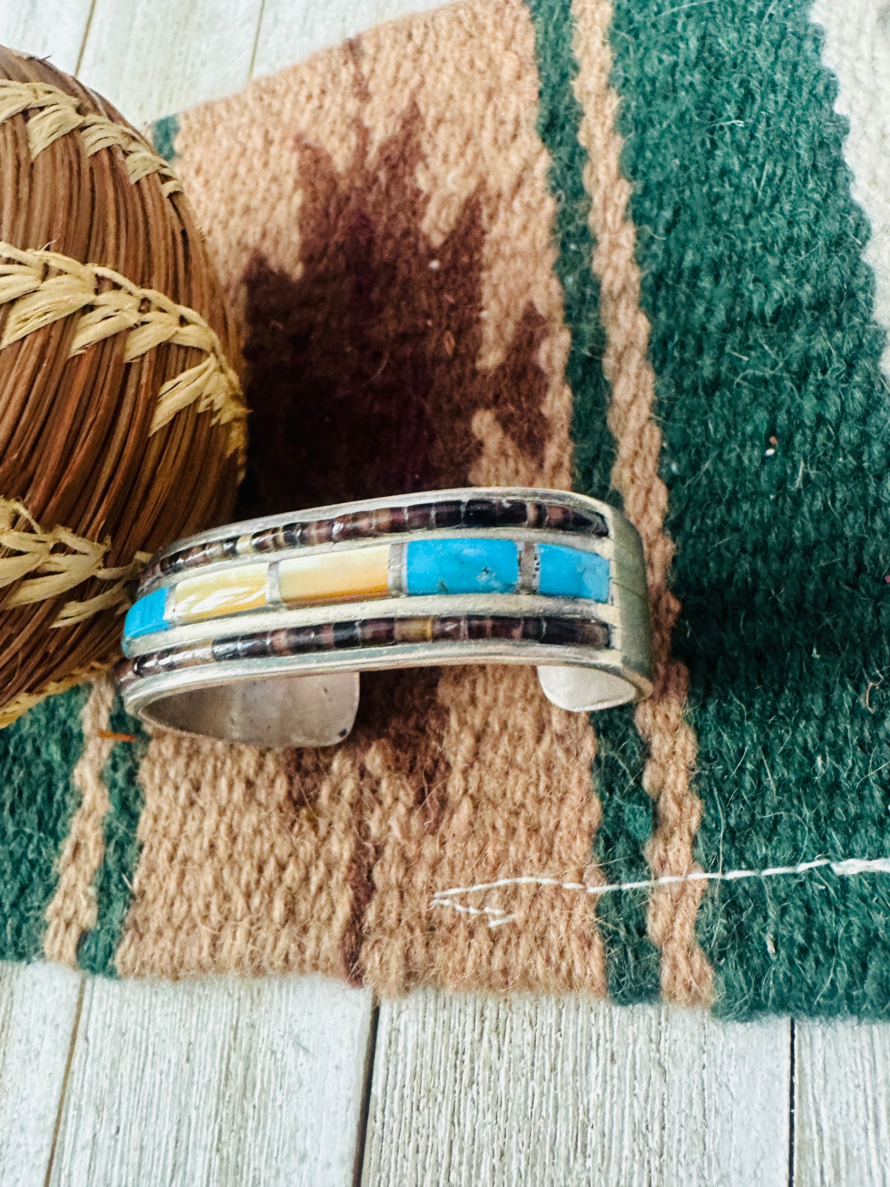 Handcrafted Old Pawn Multi Stone & Sterling Silver Inlay Cuff Bracelet /