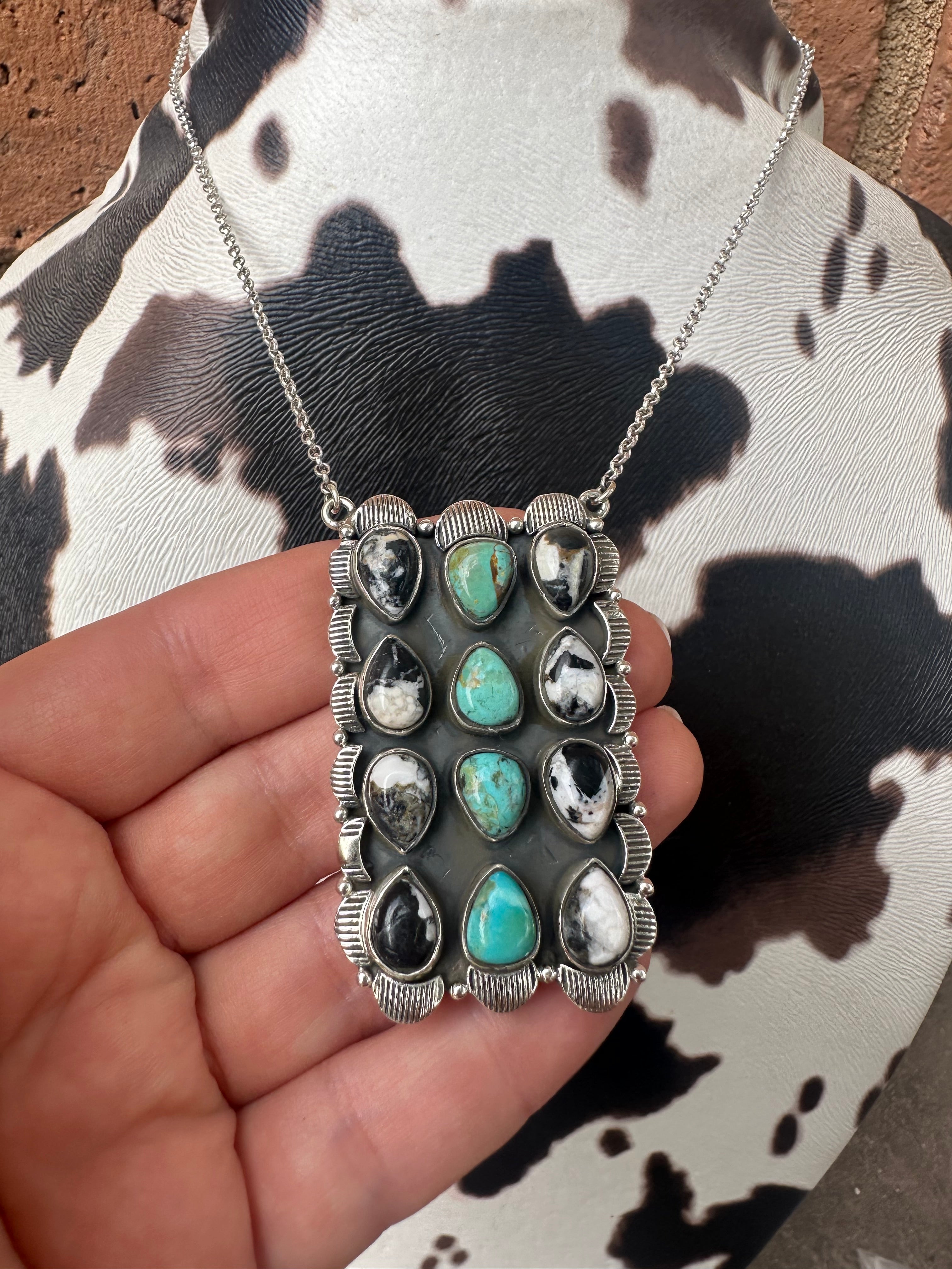 Nizhoni Handmade White Buffalo, Turquoise & Sterling Silver Bar Necklace