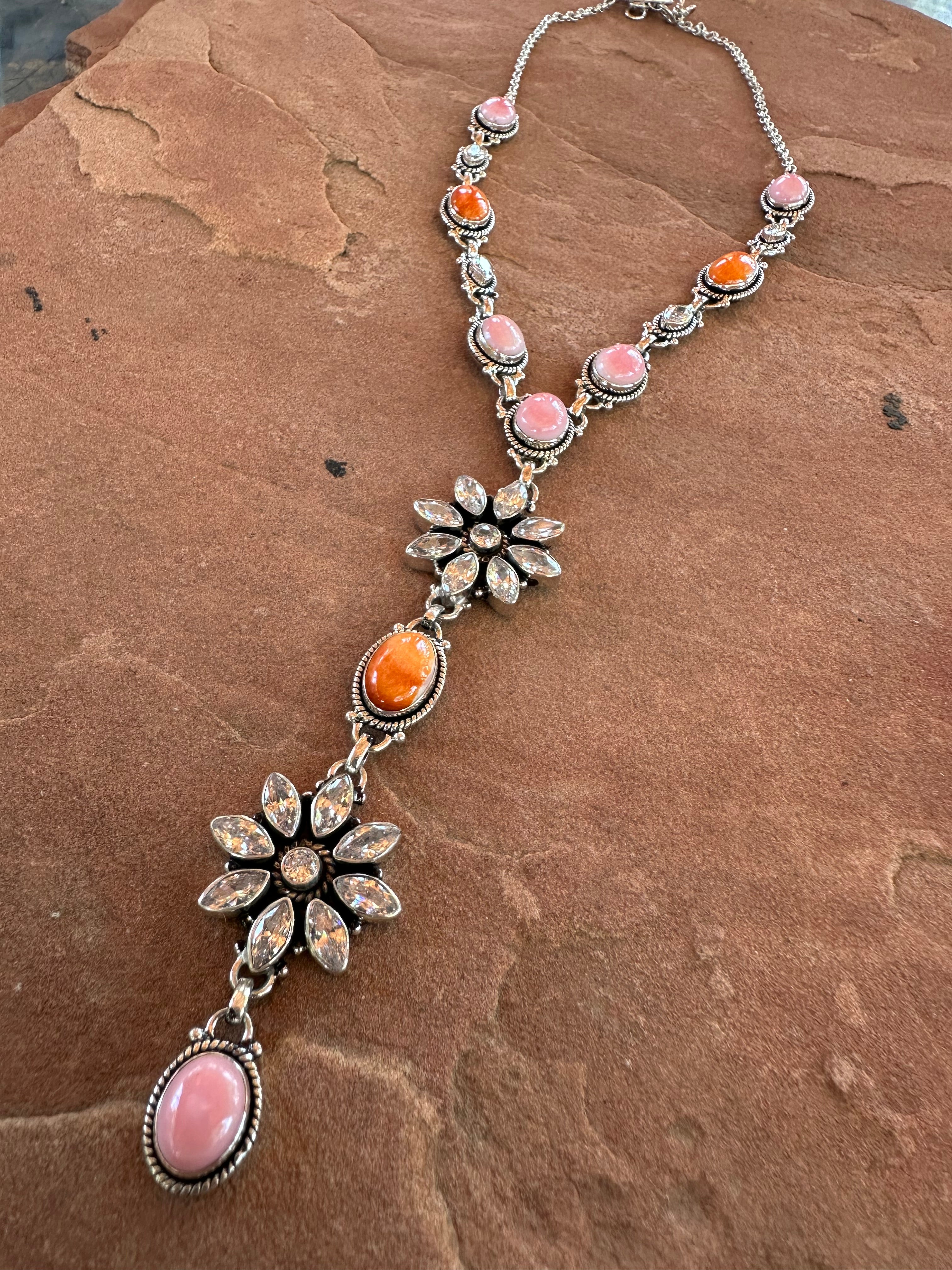 Beautiful Handmade Sterling Silver, Pink Conch, CZ, Orange Spiny Lariat Necklace