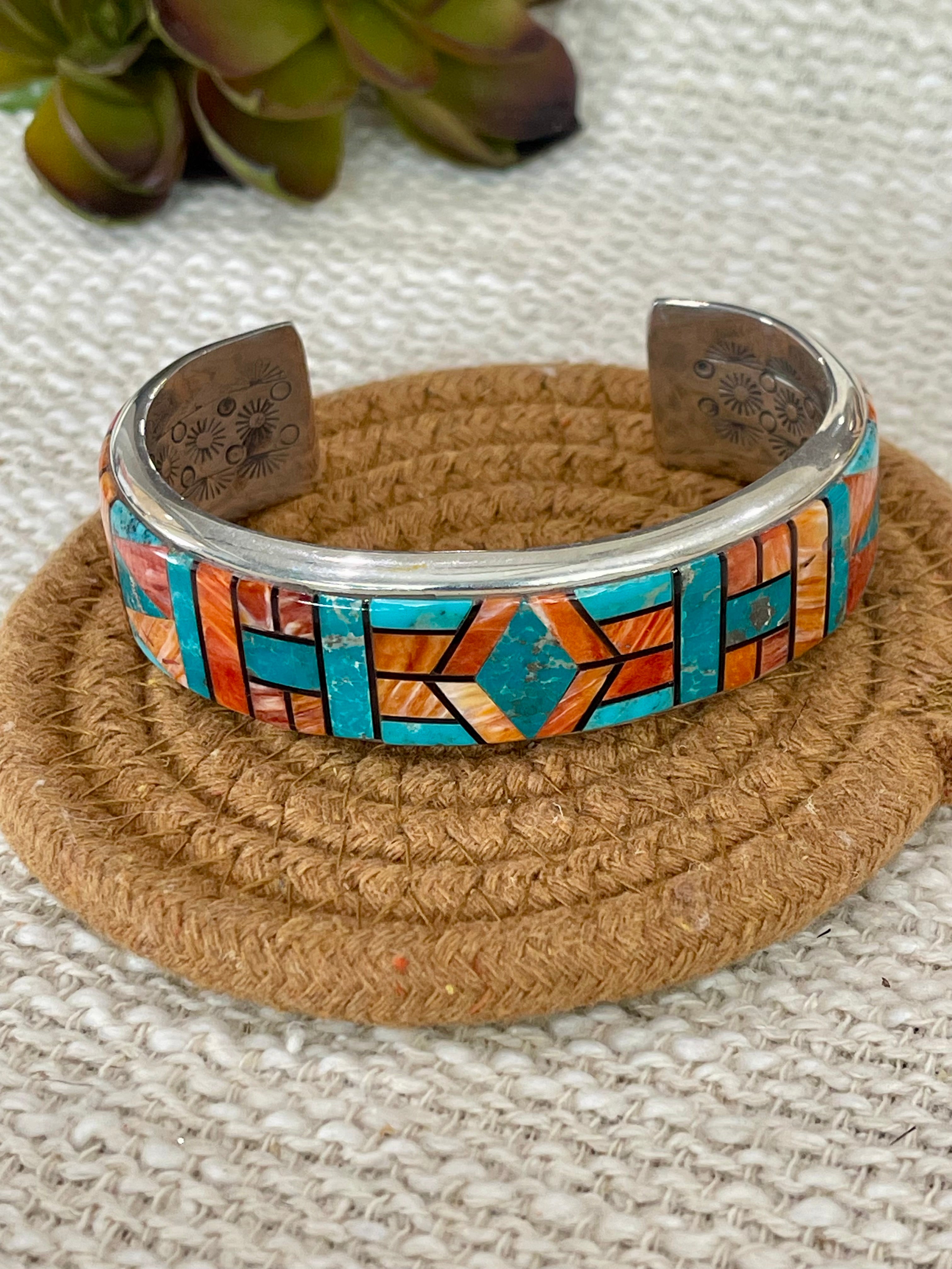 Gorgeous Handmade Sterling Silver & Multi Stone Inlay Cuff Bracelet