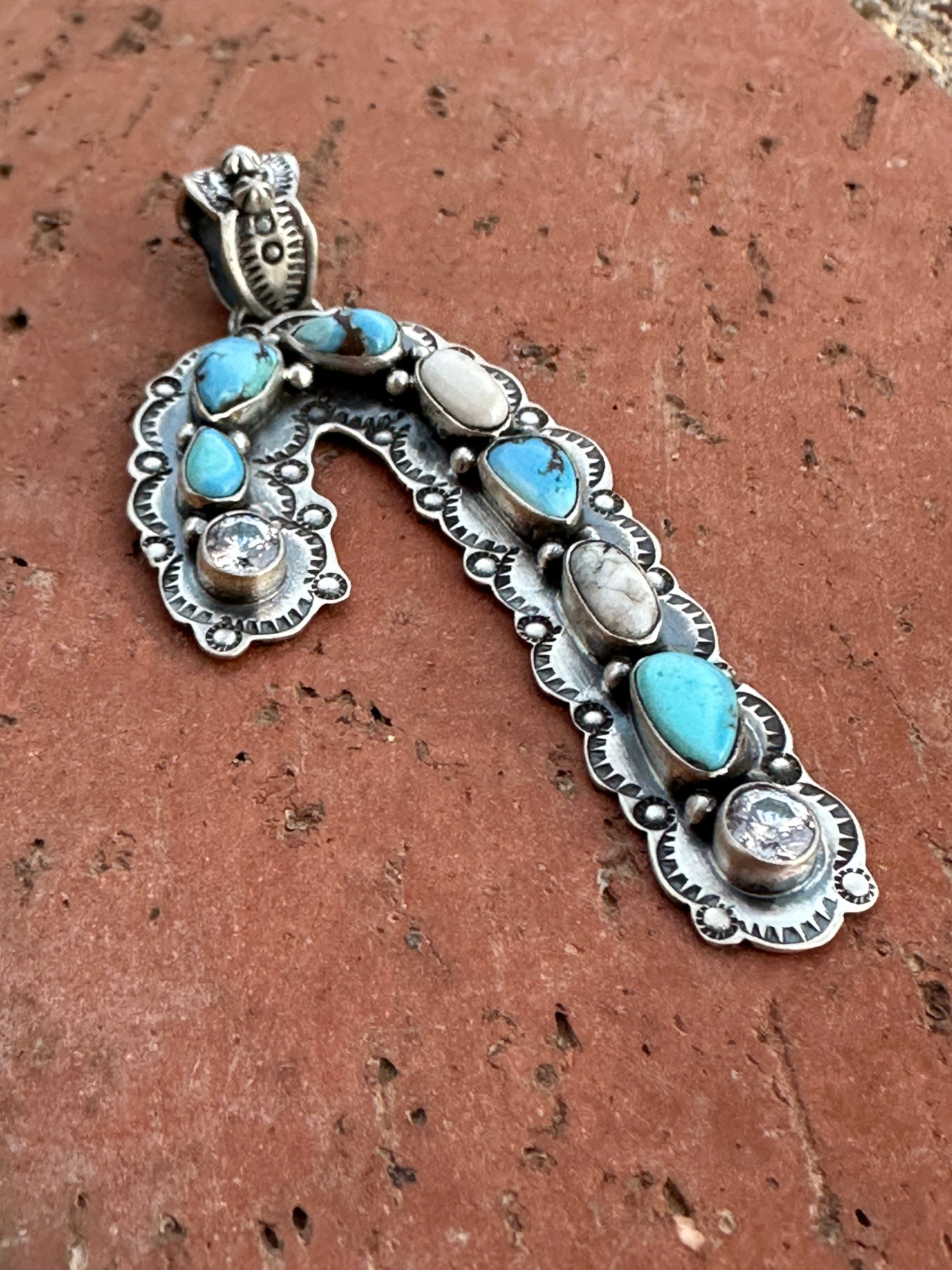 Handmade Sterling Silver White Buffalo & Golden Hills Turquoise Christmas Candy Cane Pendant