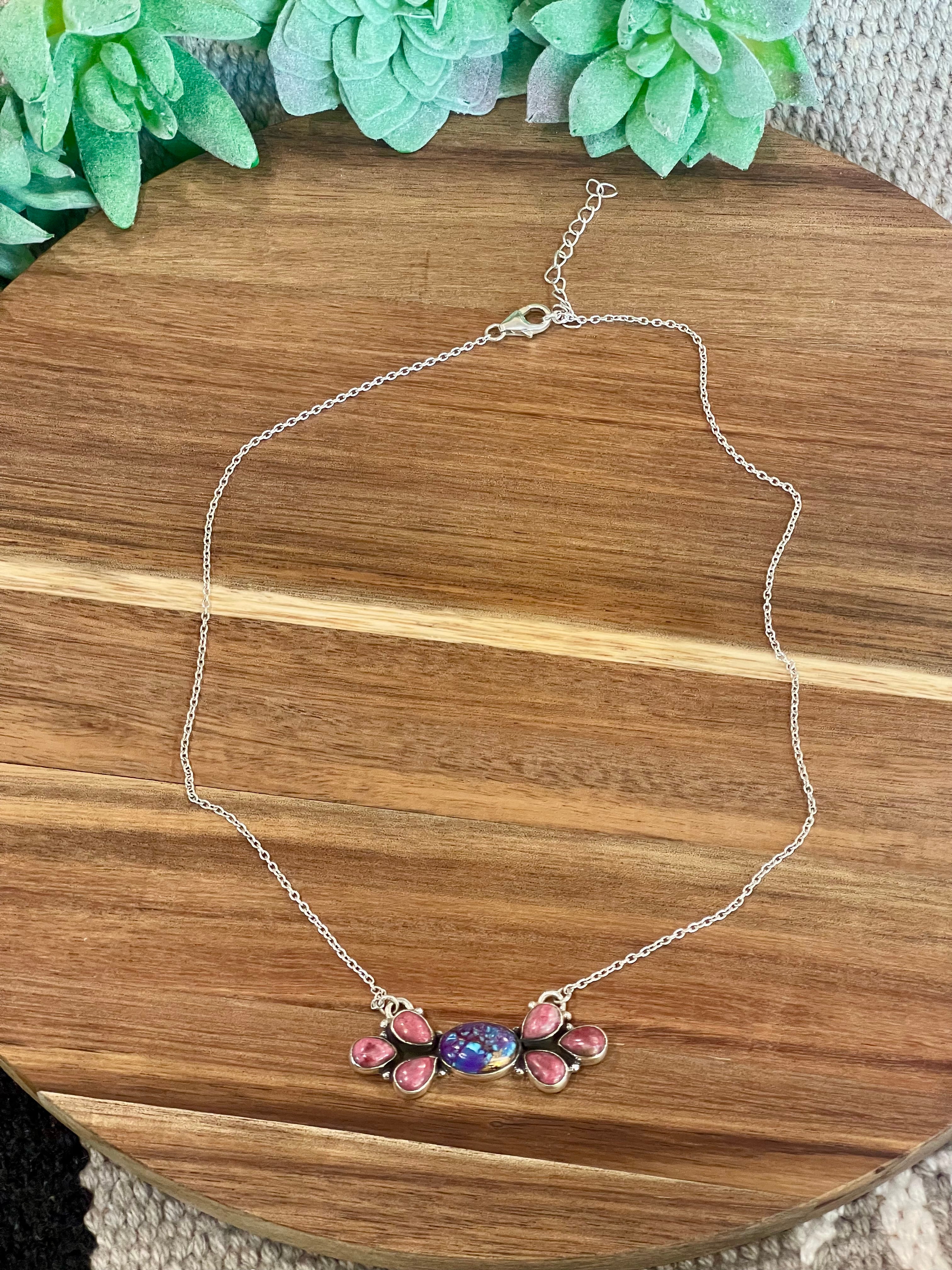 Handmade Sterling Silver, Purple Mojave & Rhodonite Bar Necklace