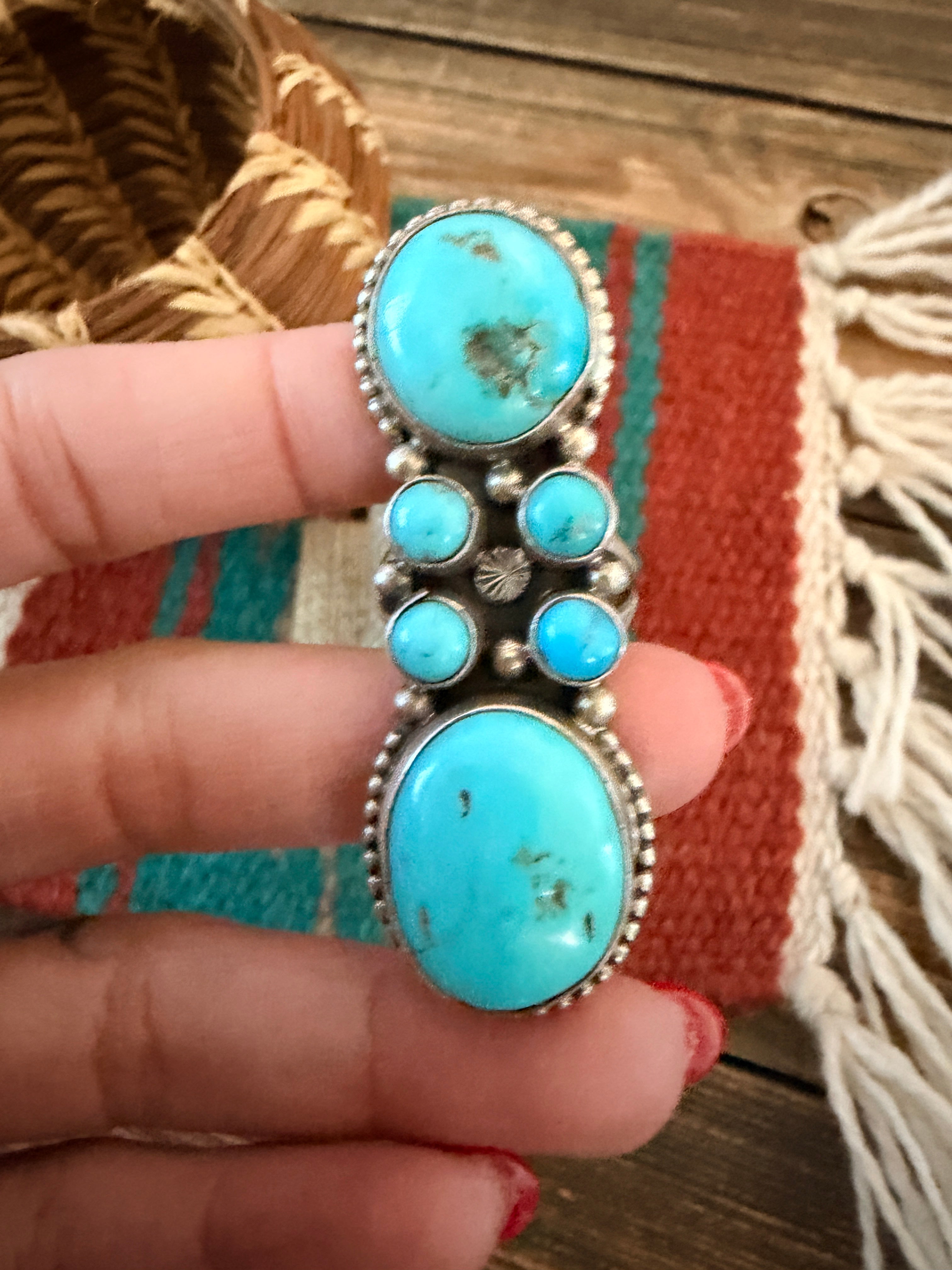 Handcrafted Kingman Turquoise & Sterling Silver Cluster Ring Size 8 by Sheila Becenti