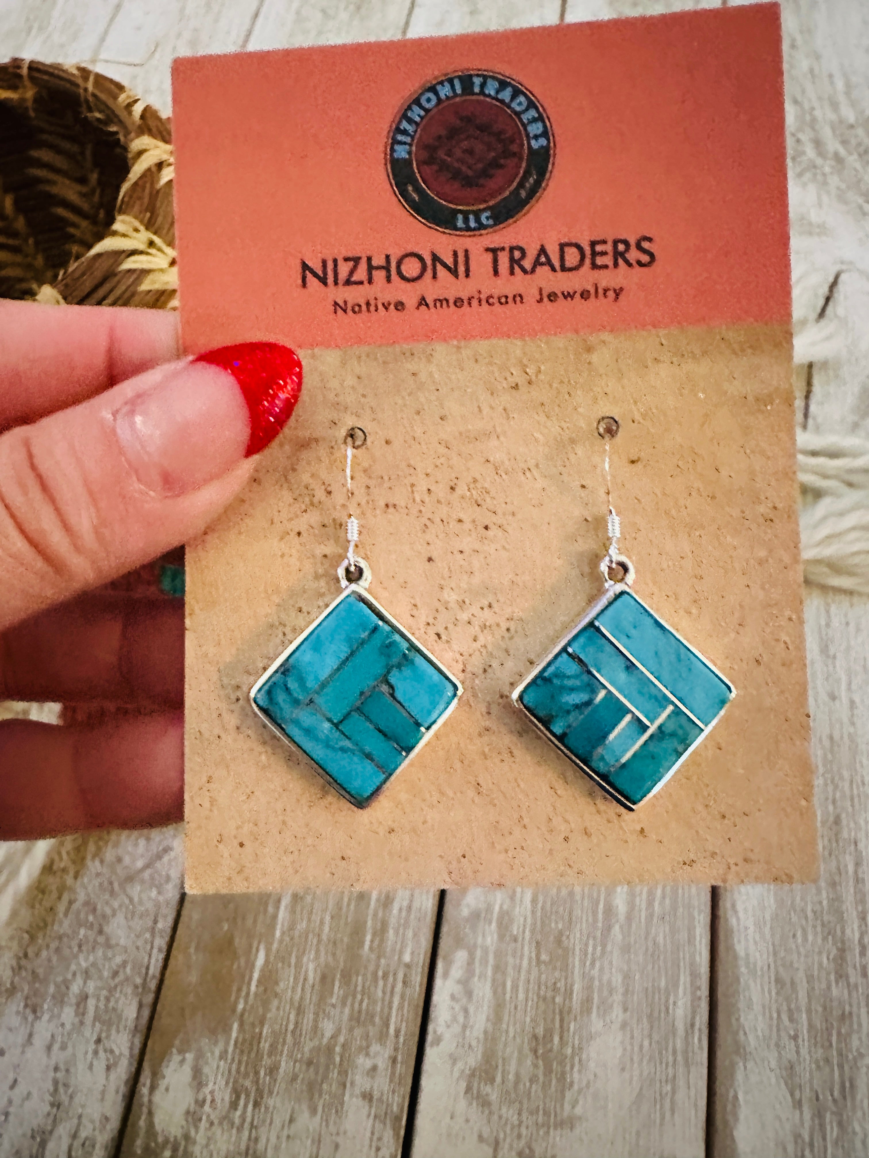 Handcrafted Turquoise & Sterling Silver Inlay Dangle Earrings