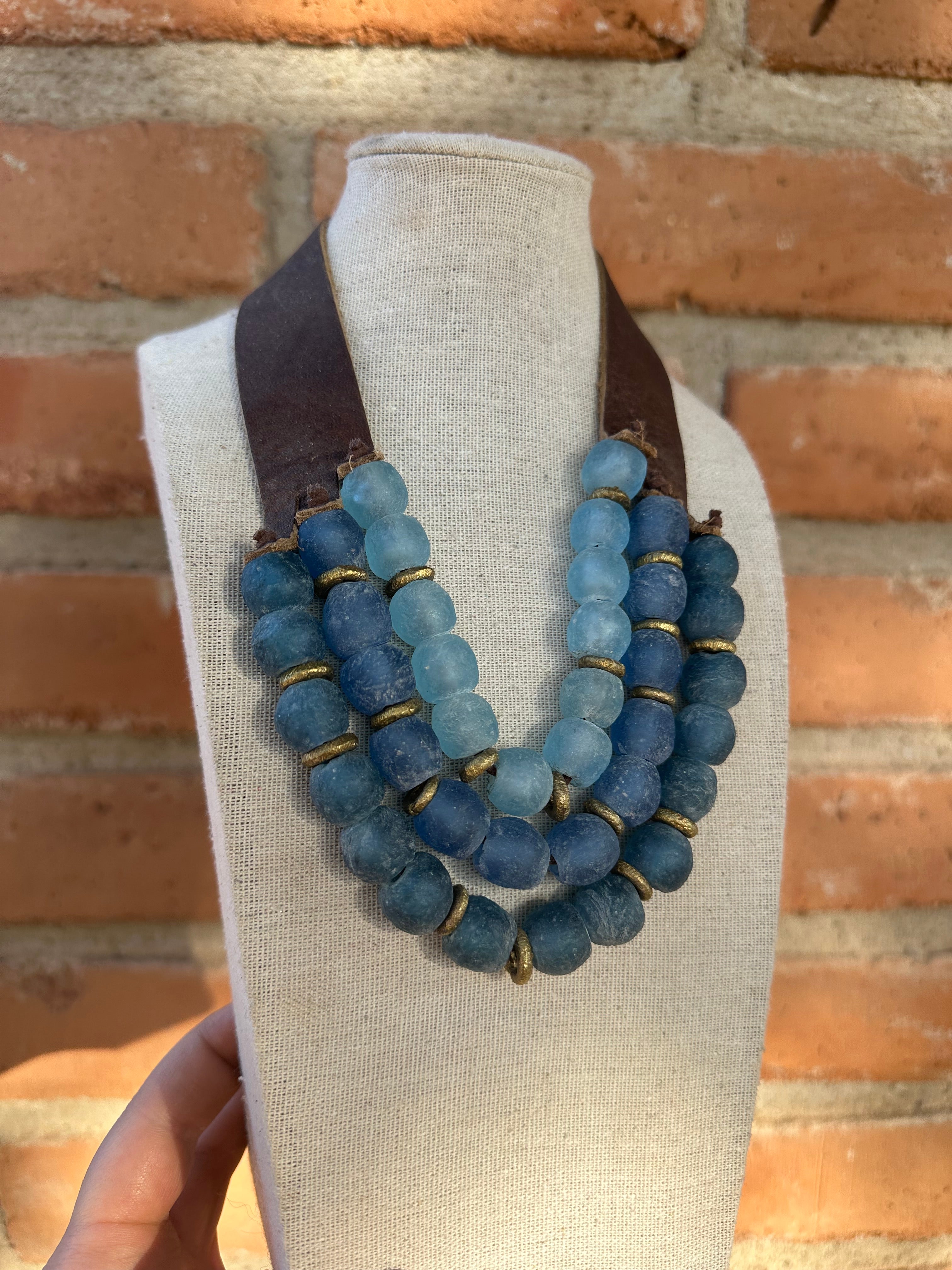 Handmade Recycled Glass 3 Strand Blue Beaded Necklace