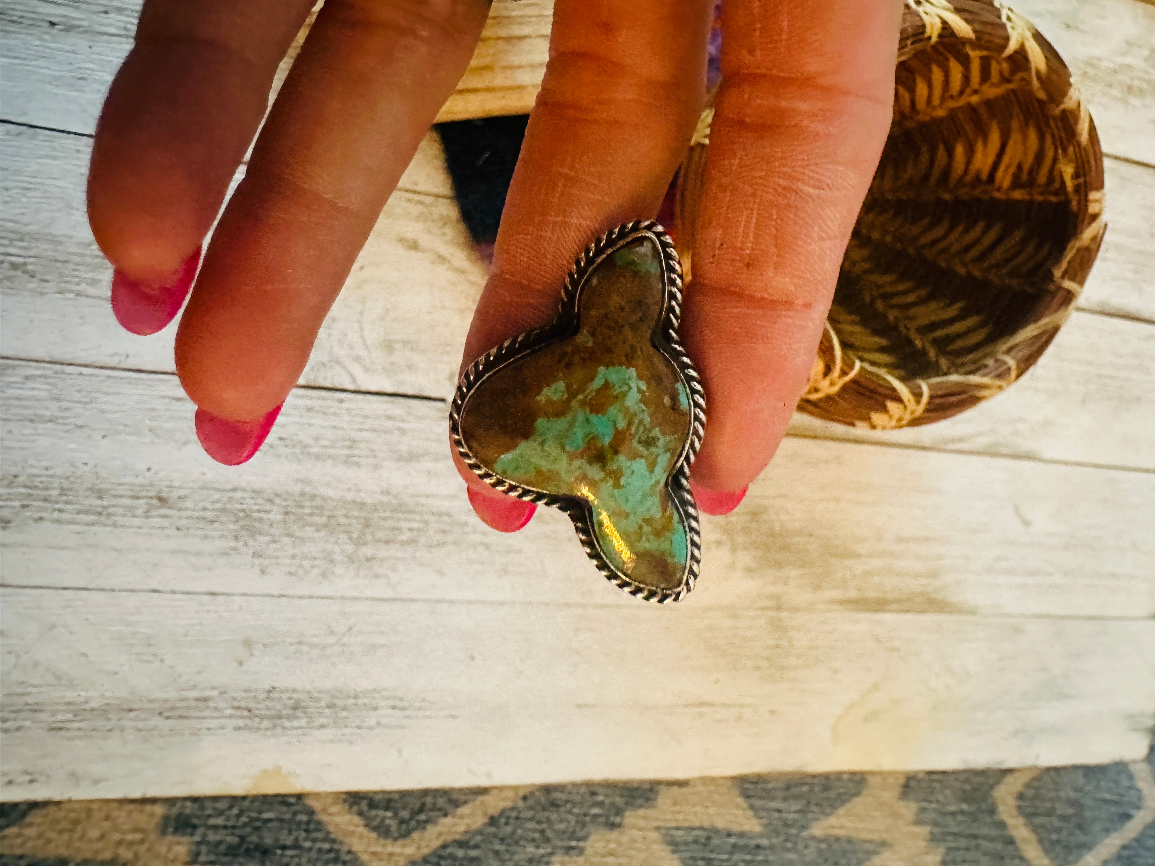 Navajo Royston Turquoise & Sterling Silver Bullhead Adjustable Ring