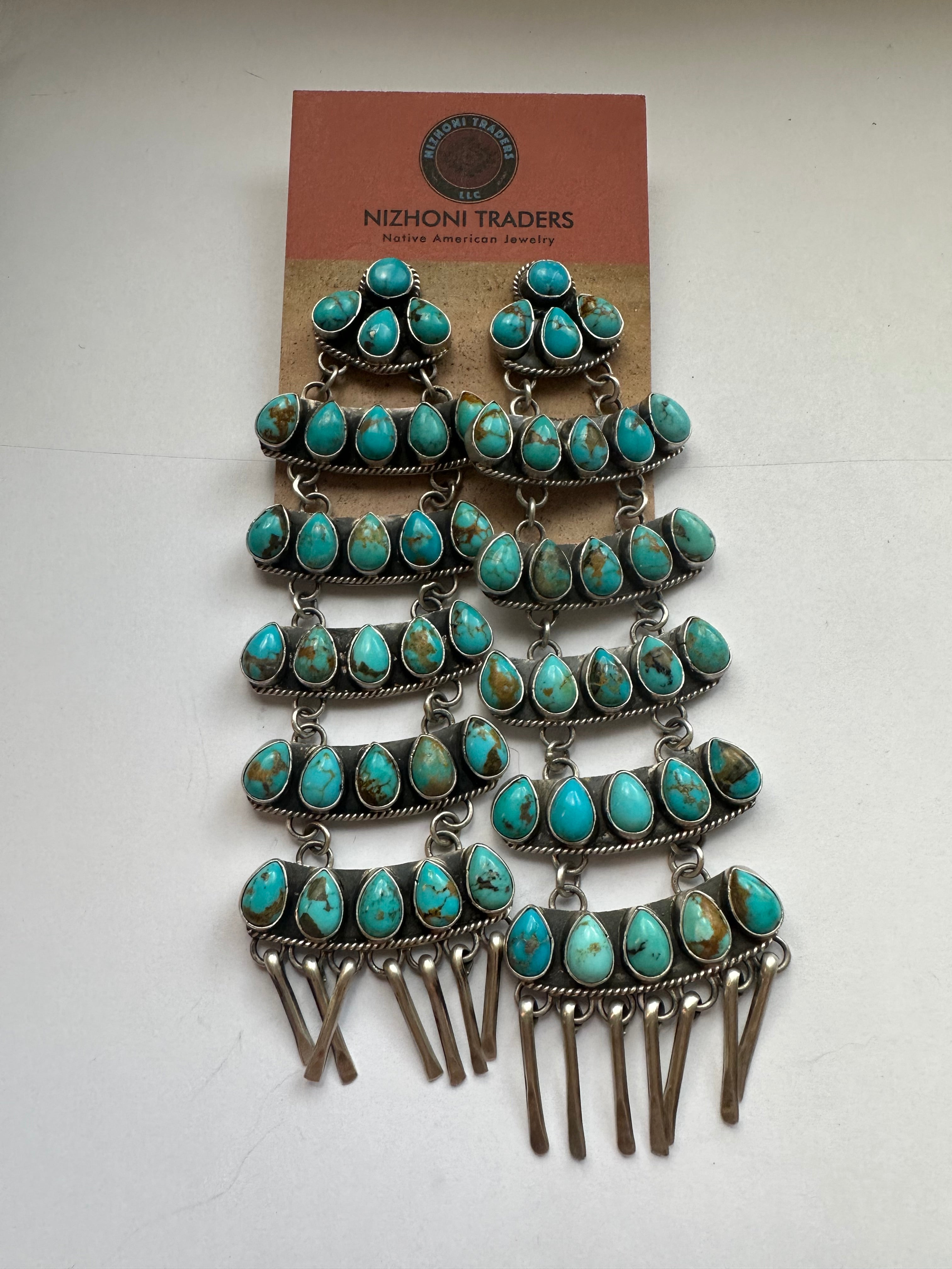 “Turquoise Treasure” Navajo Sterling Silver Turquoise Statement Dangle Earrings Signed