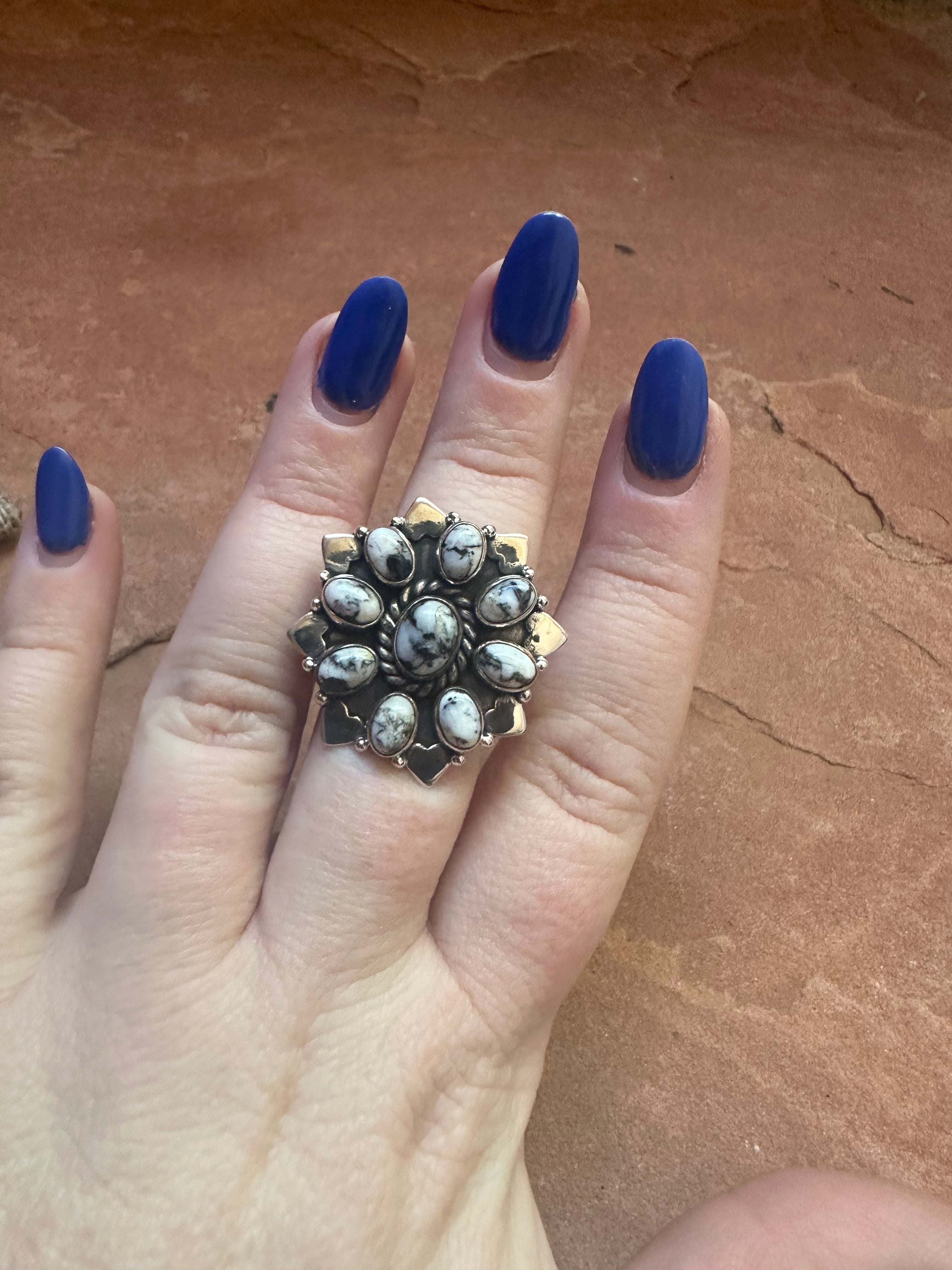 Handmade Sterling Silver & White Buffalo Cluster Adjustable Ring