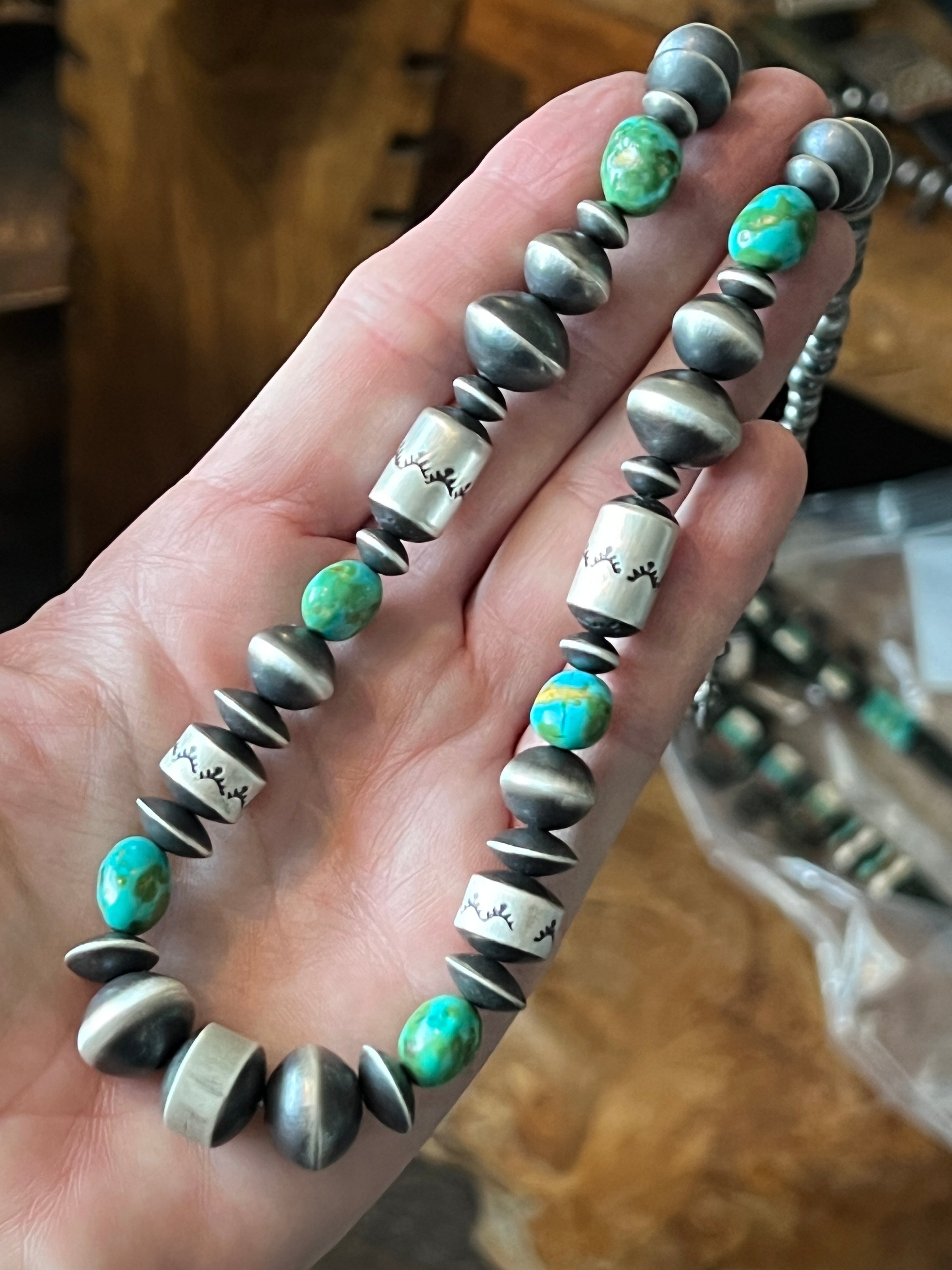 Handcrafted Sterling Silver and Sonoran Mountain Turquoise and Beaded Necklace by Rose Martin, 24 + 1 Inches