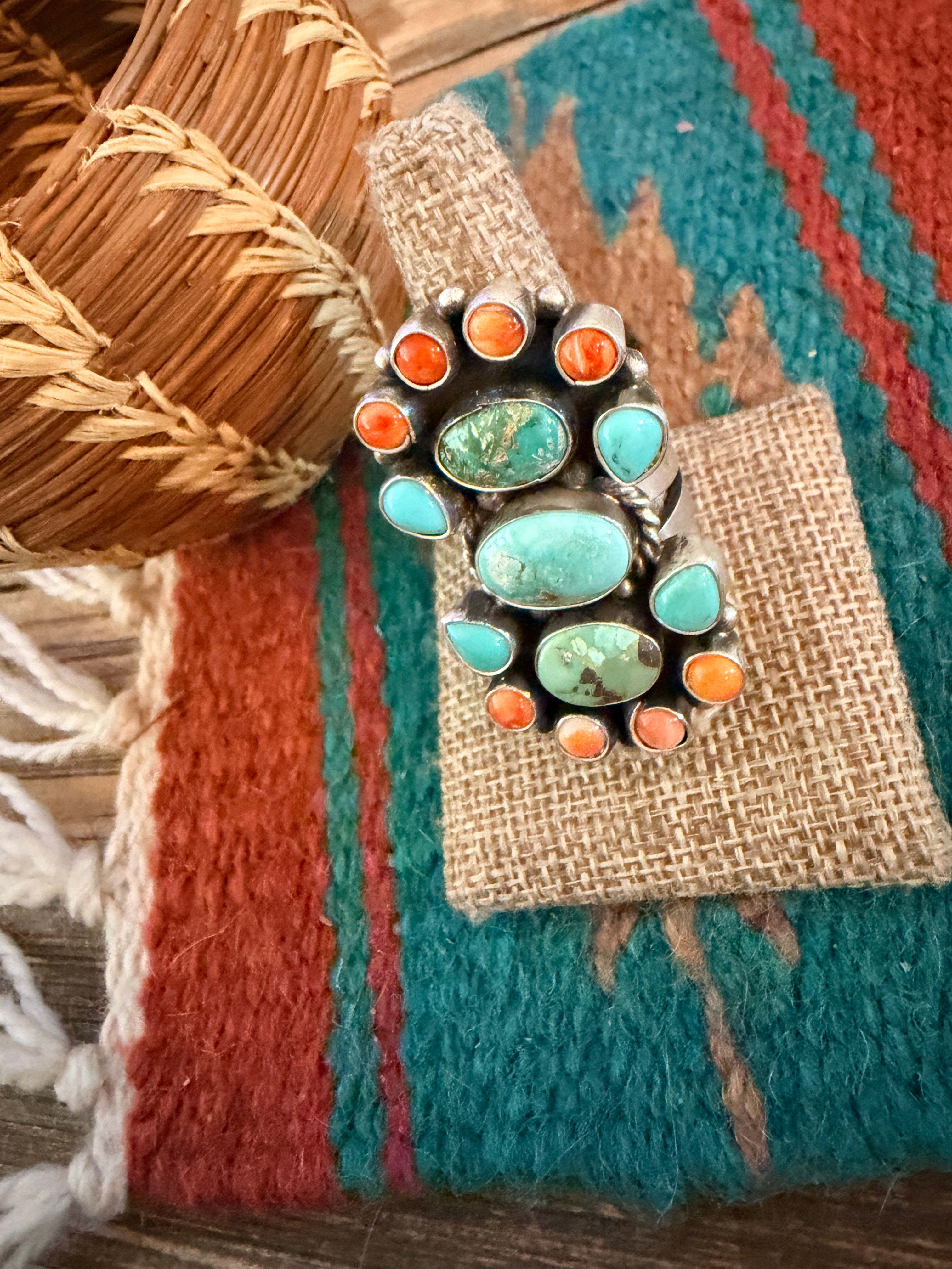 Handcrafted Spiny Oyster, Turquoise & Sterling Silver Cluster Ring by Sheila Becenti Size 9.5