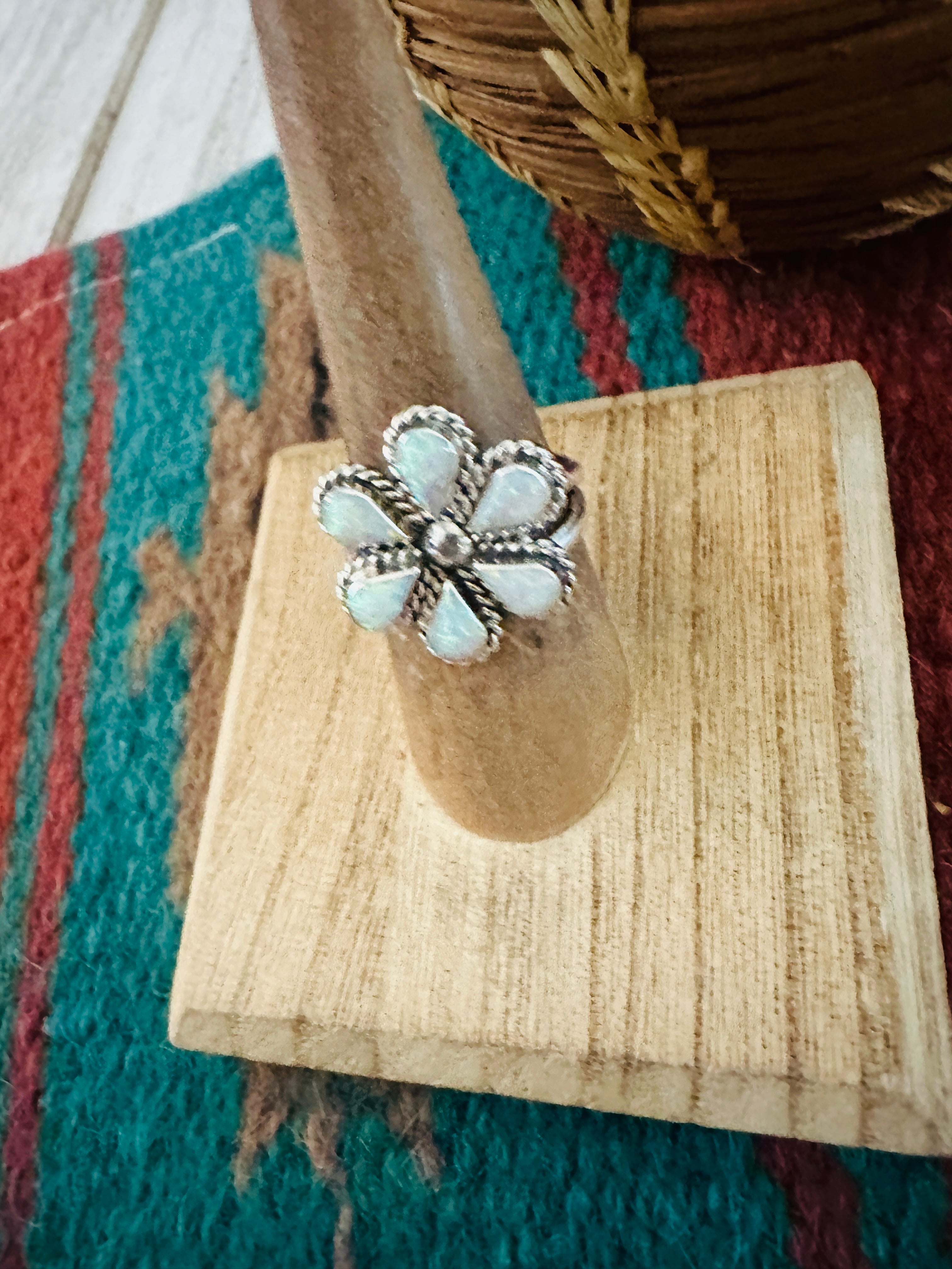 Zuni Sterling Silver & White Opal Flower Ring