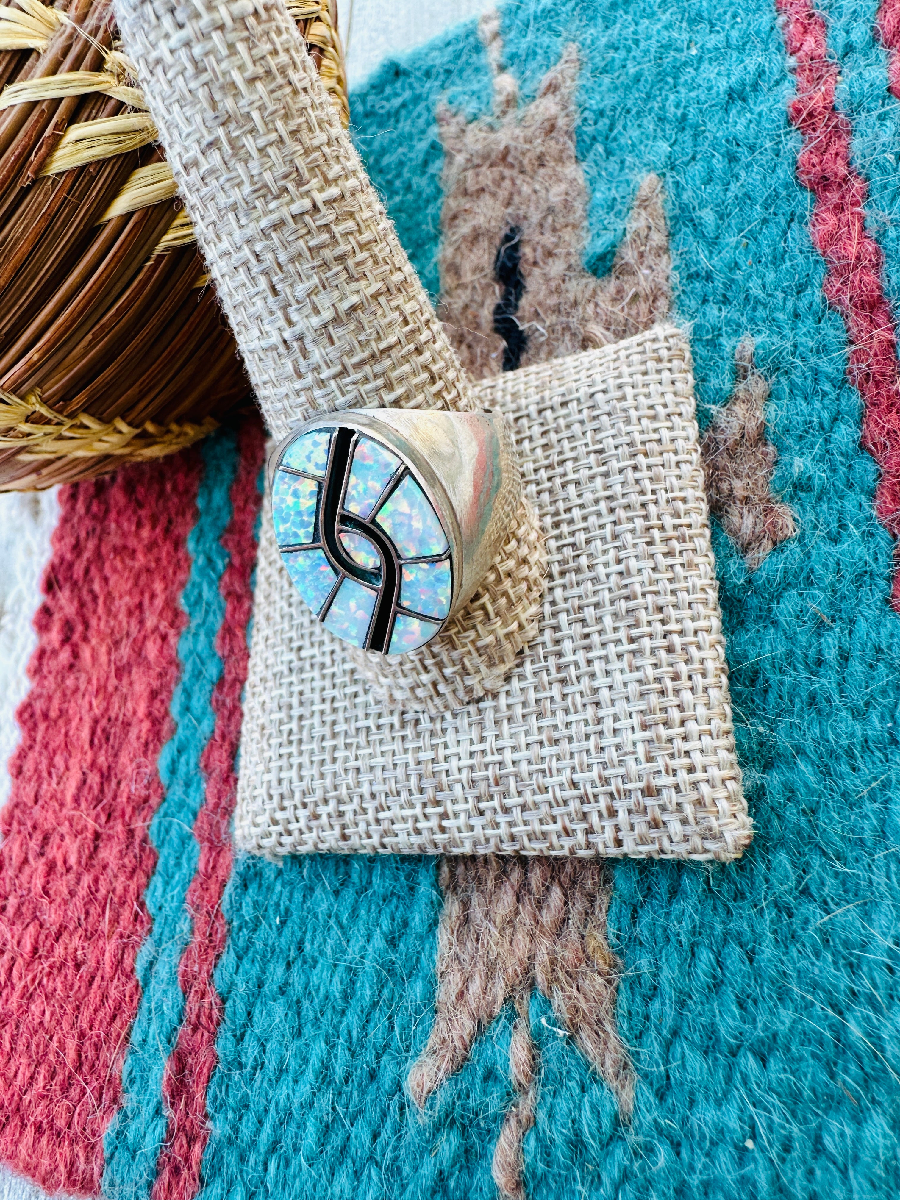 Old Pawn Handcrafted Opal, Onyx & Sterling Silver Inlay Ring Size 11