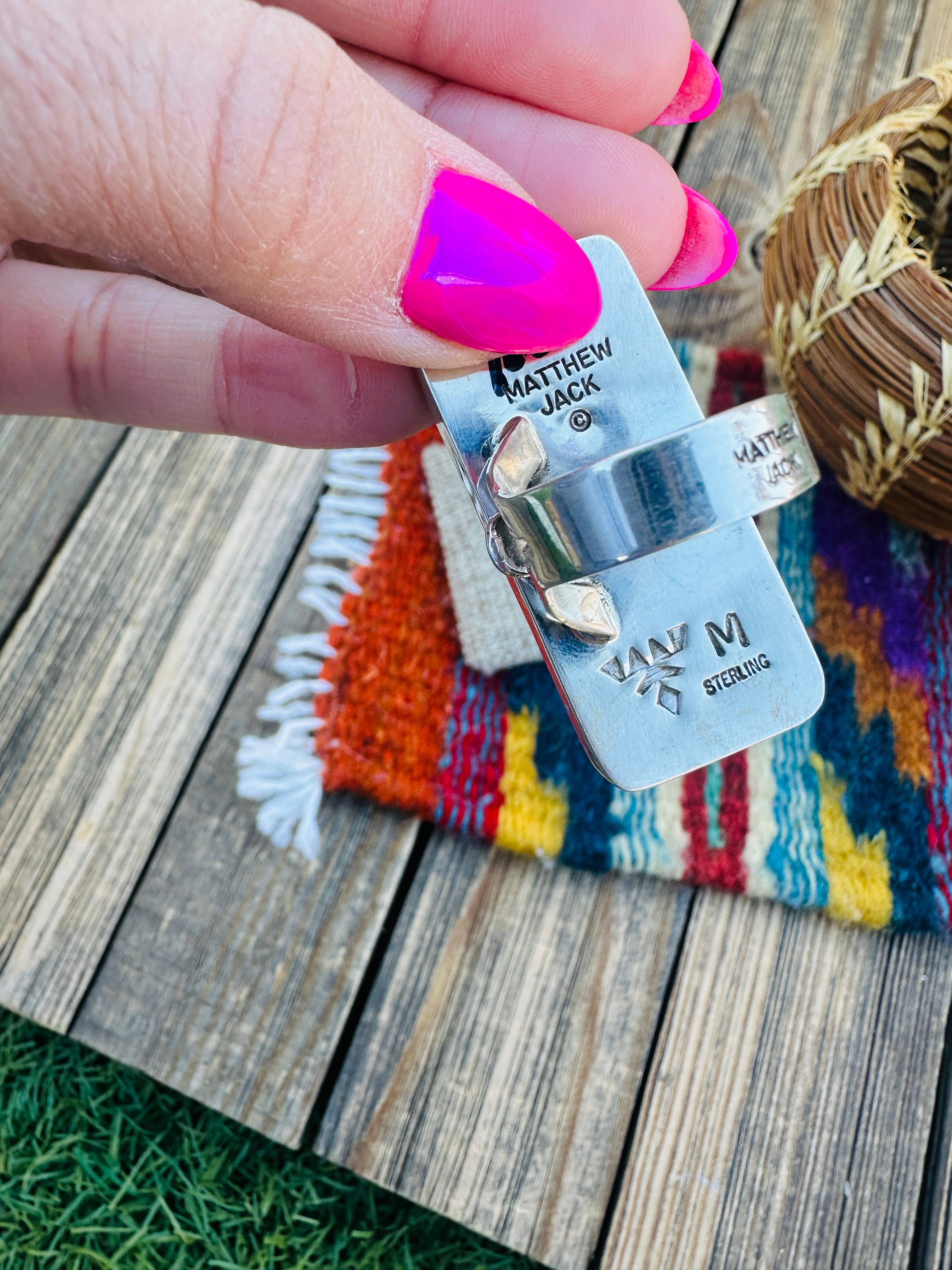 Handcrafted Multi Stone & Sterling Silver Inlay Adjustable Ring by Matthew Jack