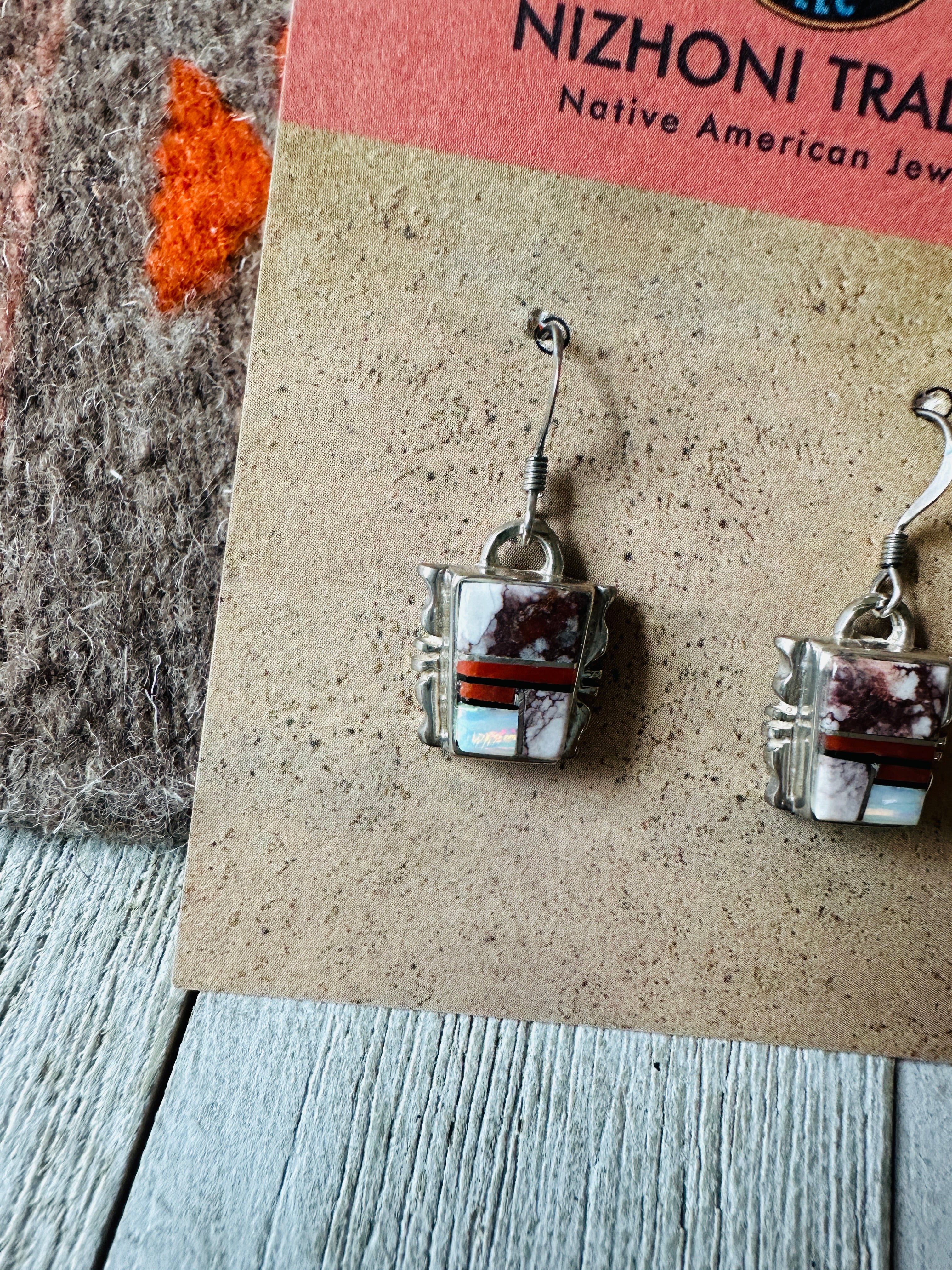 Navajo Sterling Silver & Multi Stone Inlay Dangle Earrings