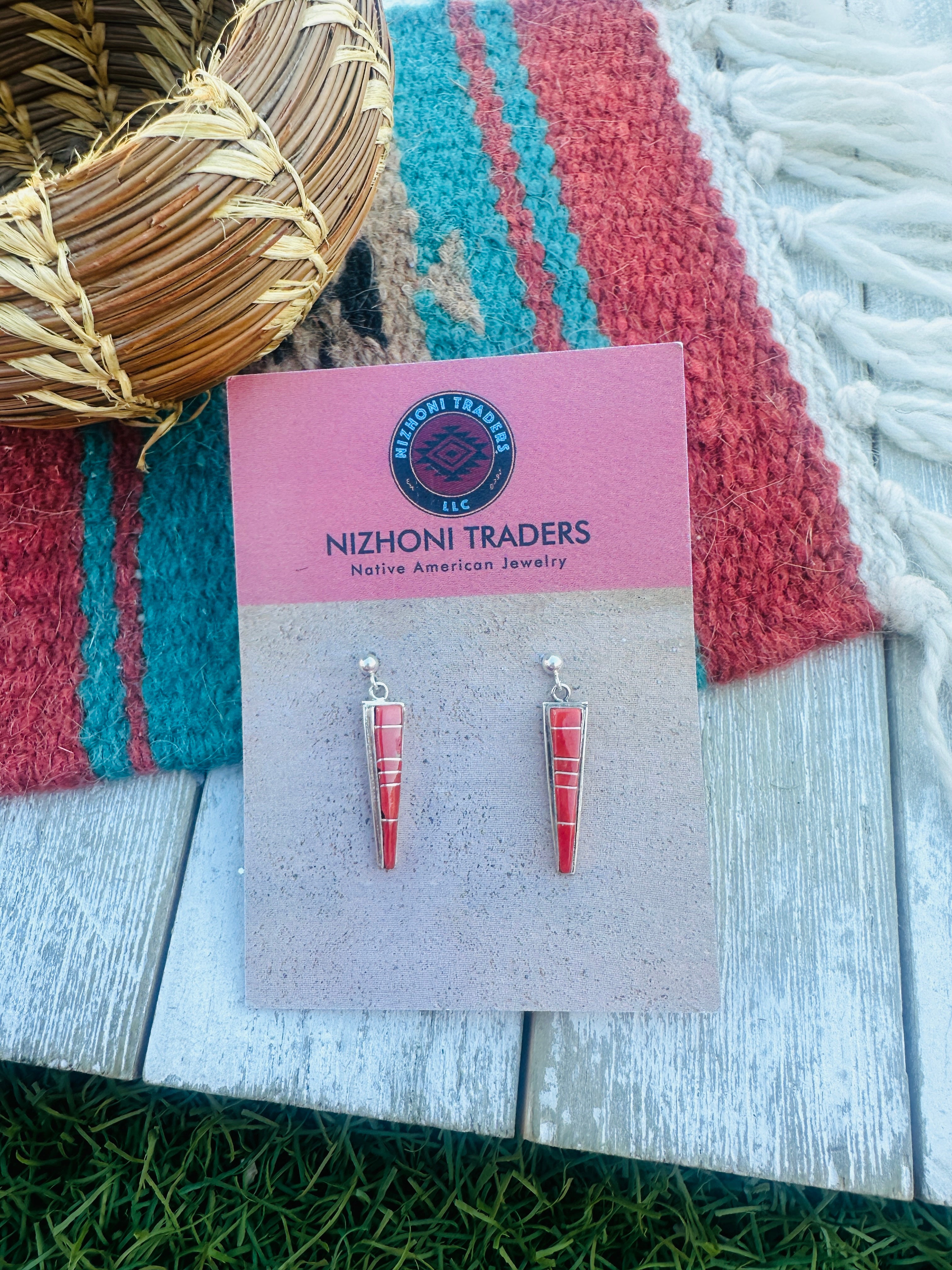 Handcrafted Coral & Sterling Silver Inlay Dangle Earrings