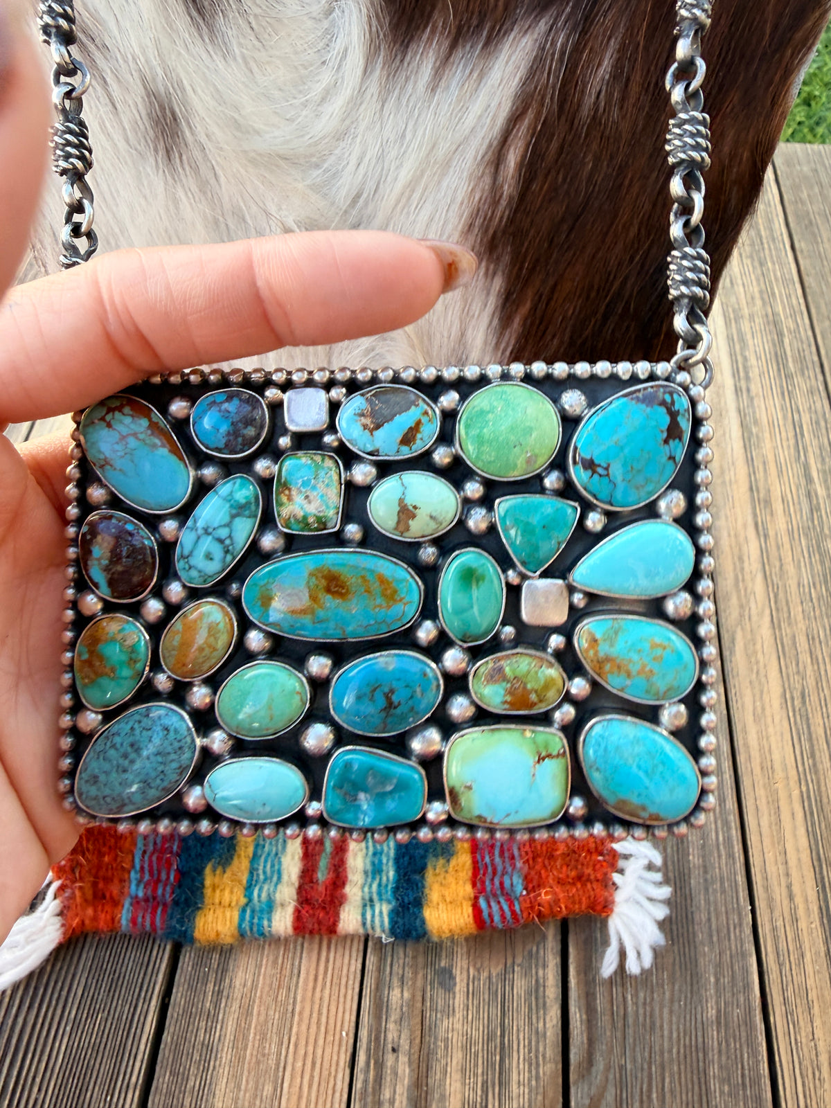 Handcrafted Multi Turquoise & Sterling Silver Cluster Necklace by Charles Jobnson