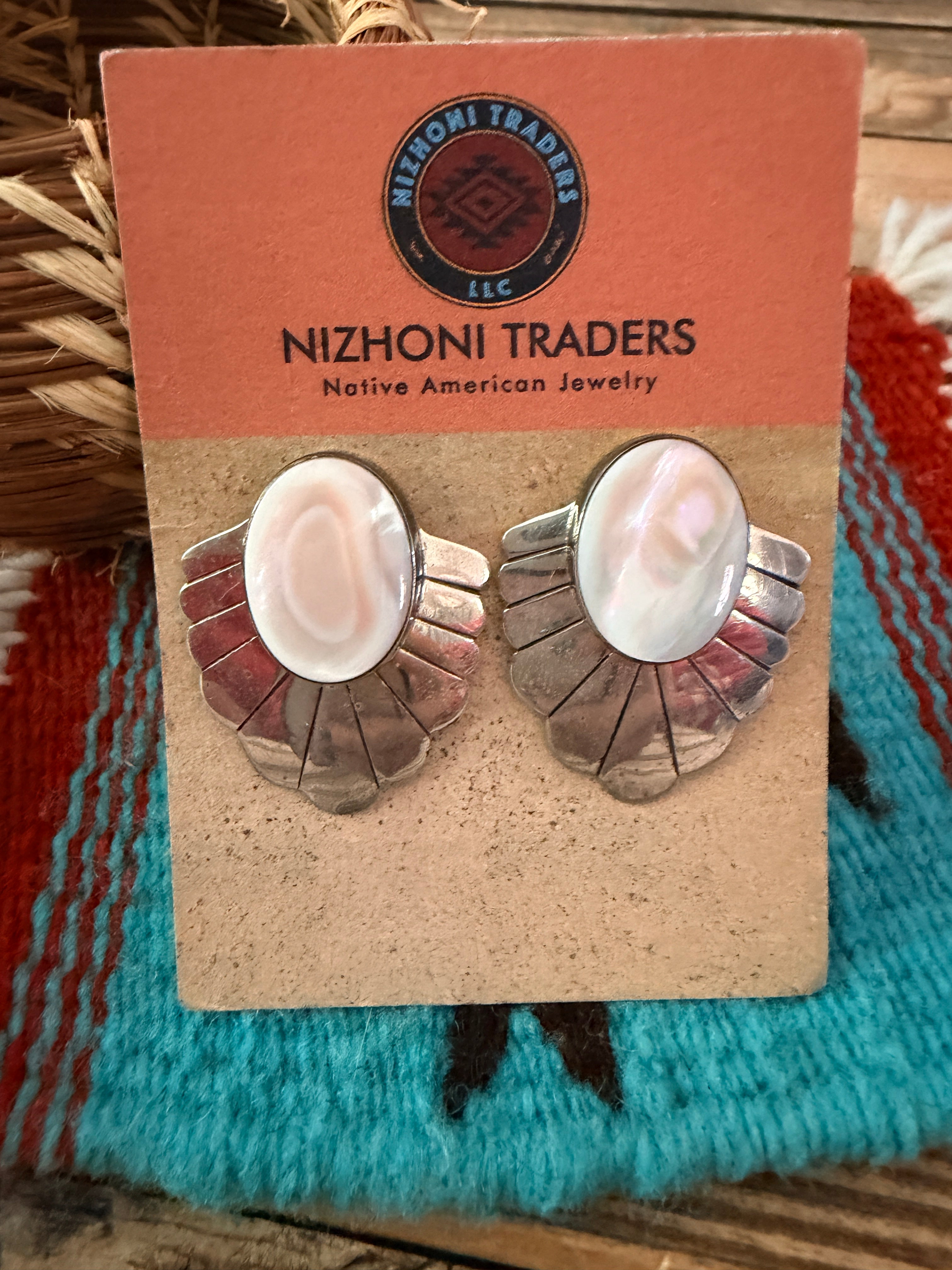 Old Pawn Handcrafted Sterling Silver & Mother of Pearl Post Earrings