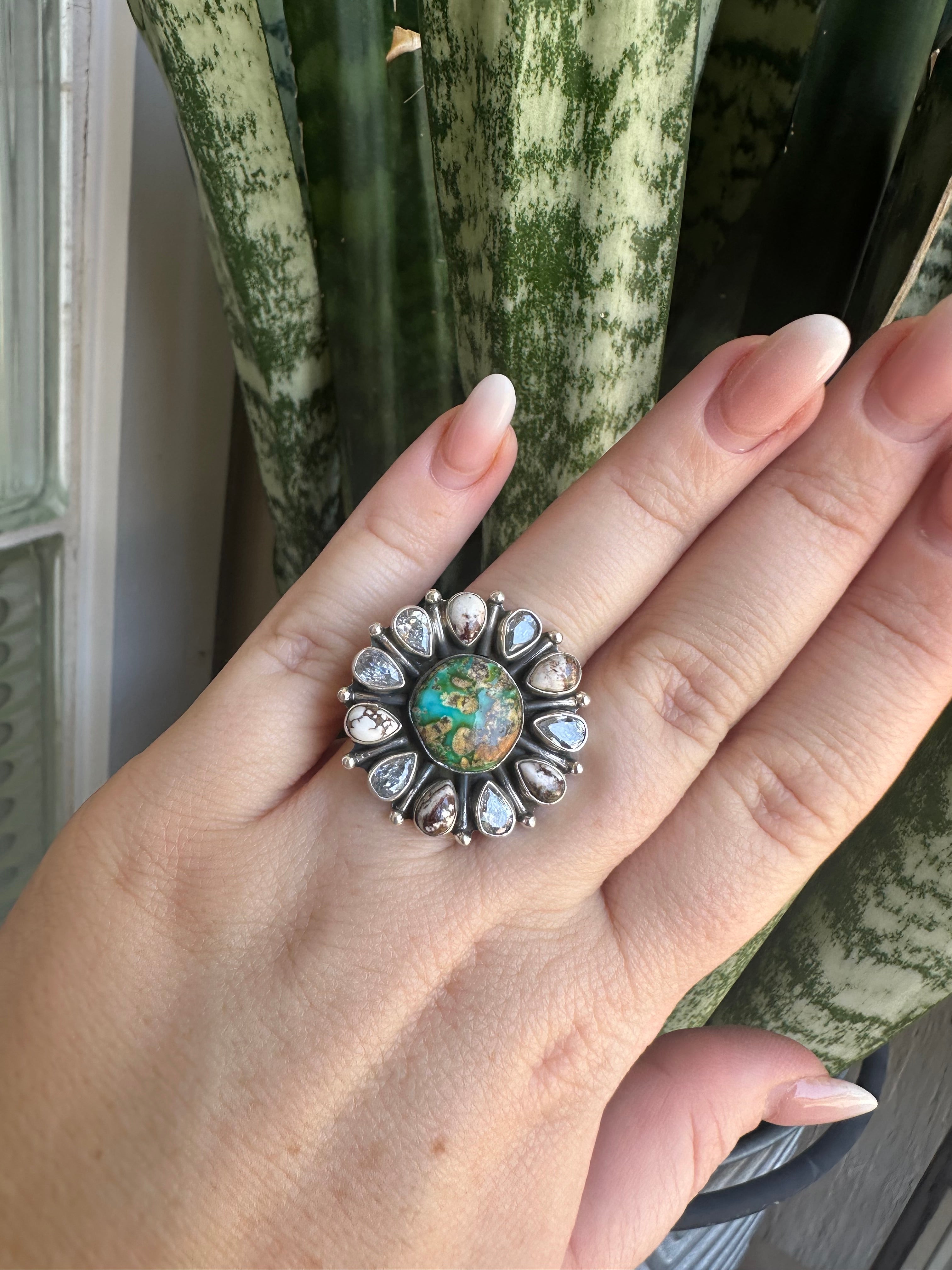 Beautiful Handmade Wild Horse, Sonoran Mountain Turquoise, CZ And Sterling Silver Adjustable Ring