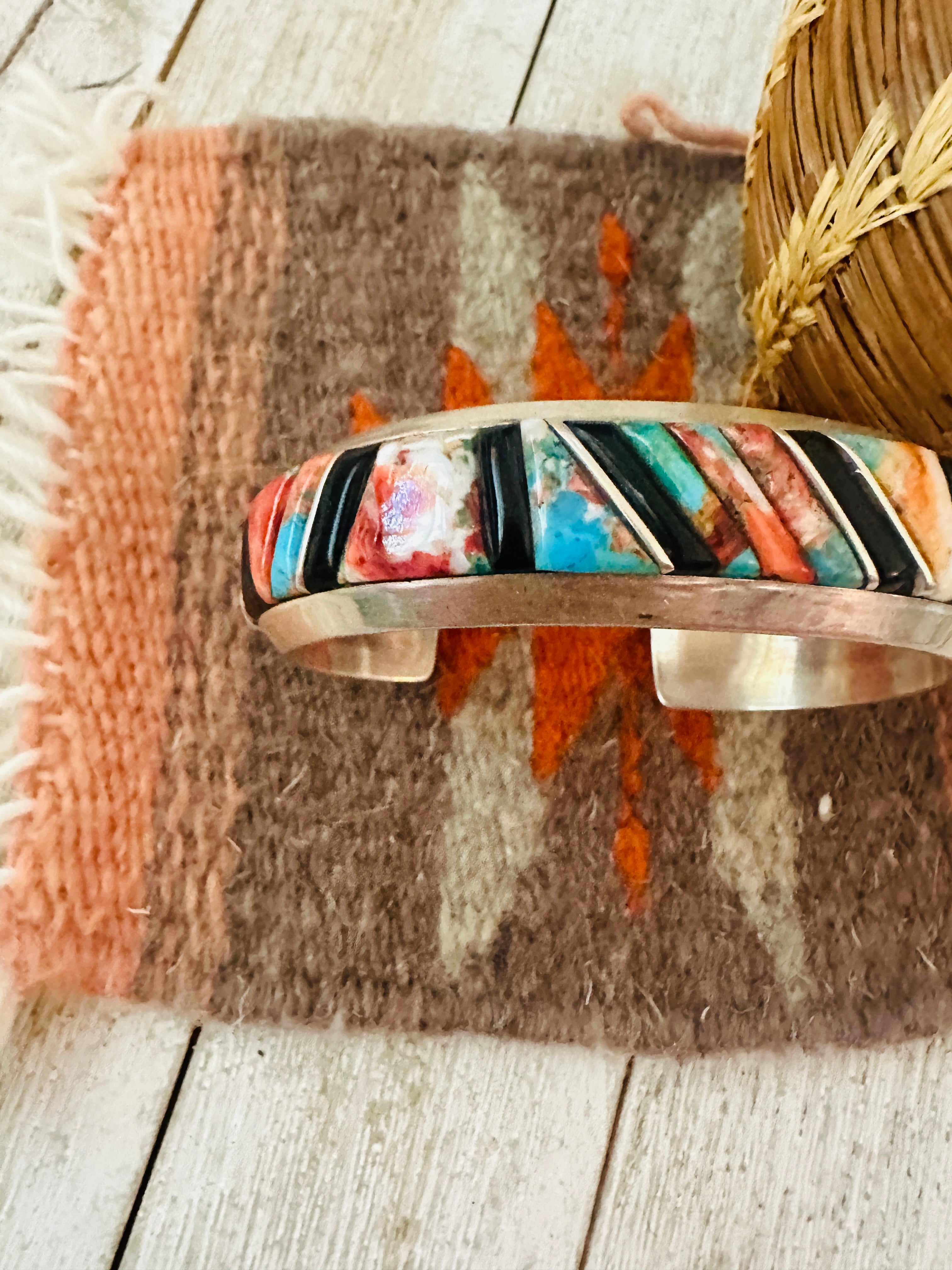 Handcrafted Multi Stone & Sterling Silver Inlay Cuff Bracelet
