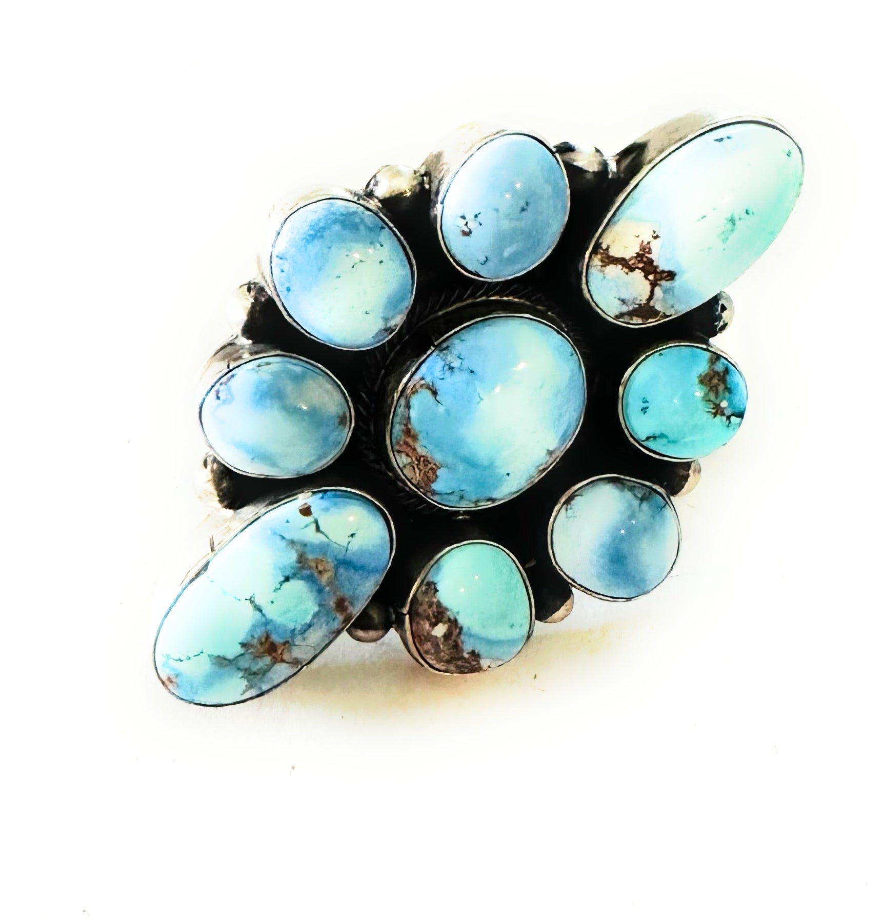 Navajo Golden Hills Turquoise & Sterling Silver Cluster Ring Size 7.75