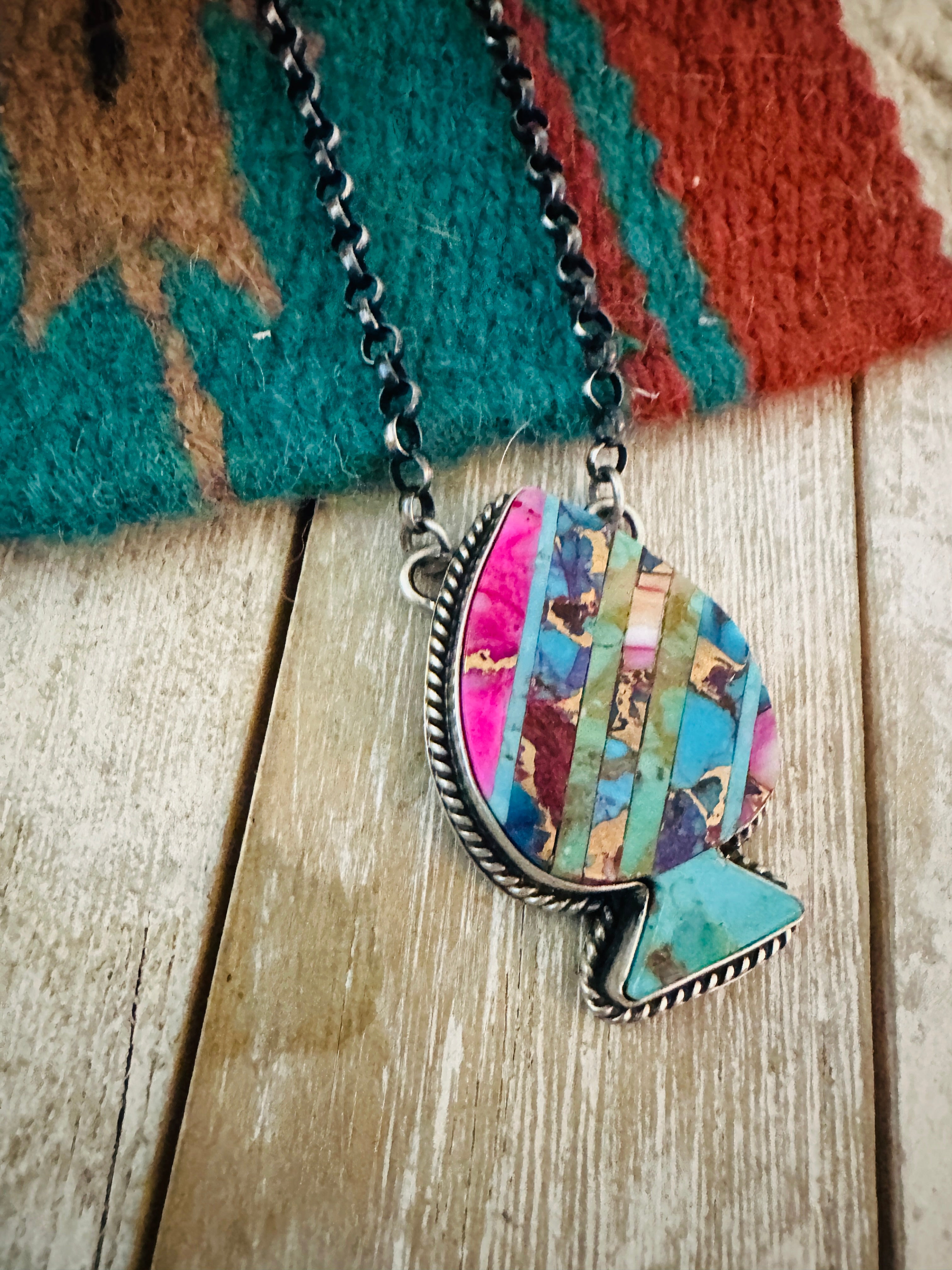 Navajo Sterling Silver & Multi Stone Inlay Spade Necklace