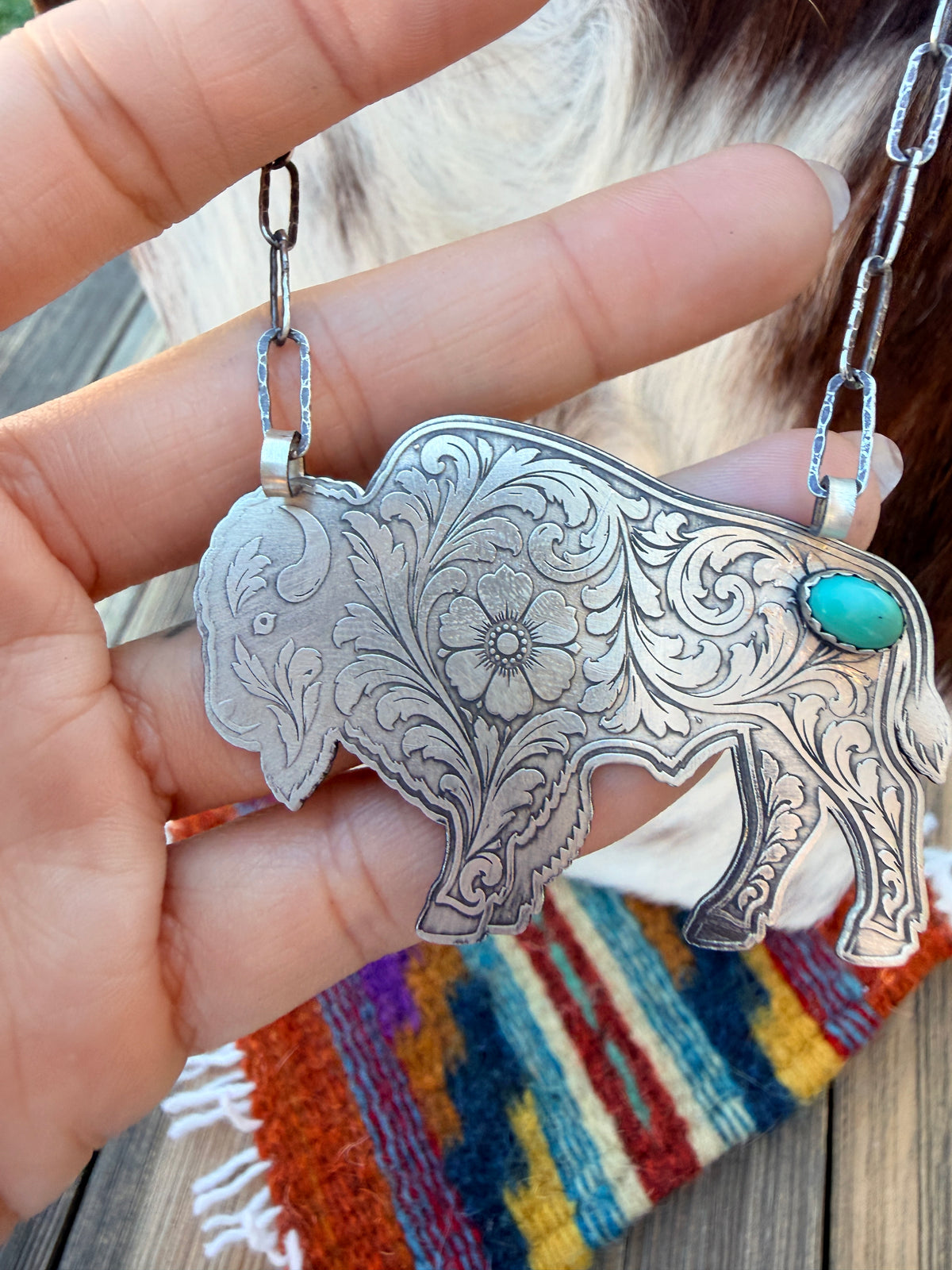 Handmade Sterling Silver & Turquoise Buffalo Necklace