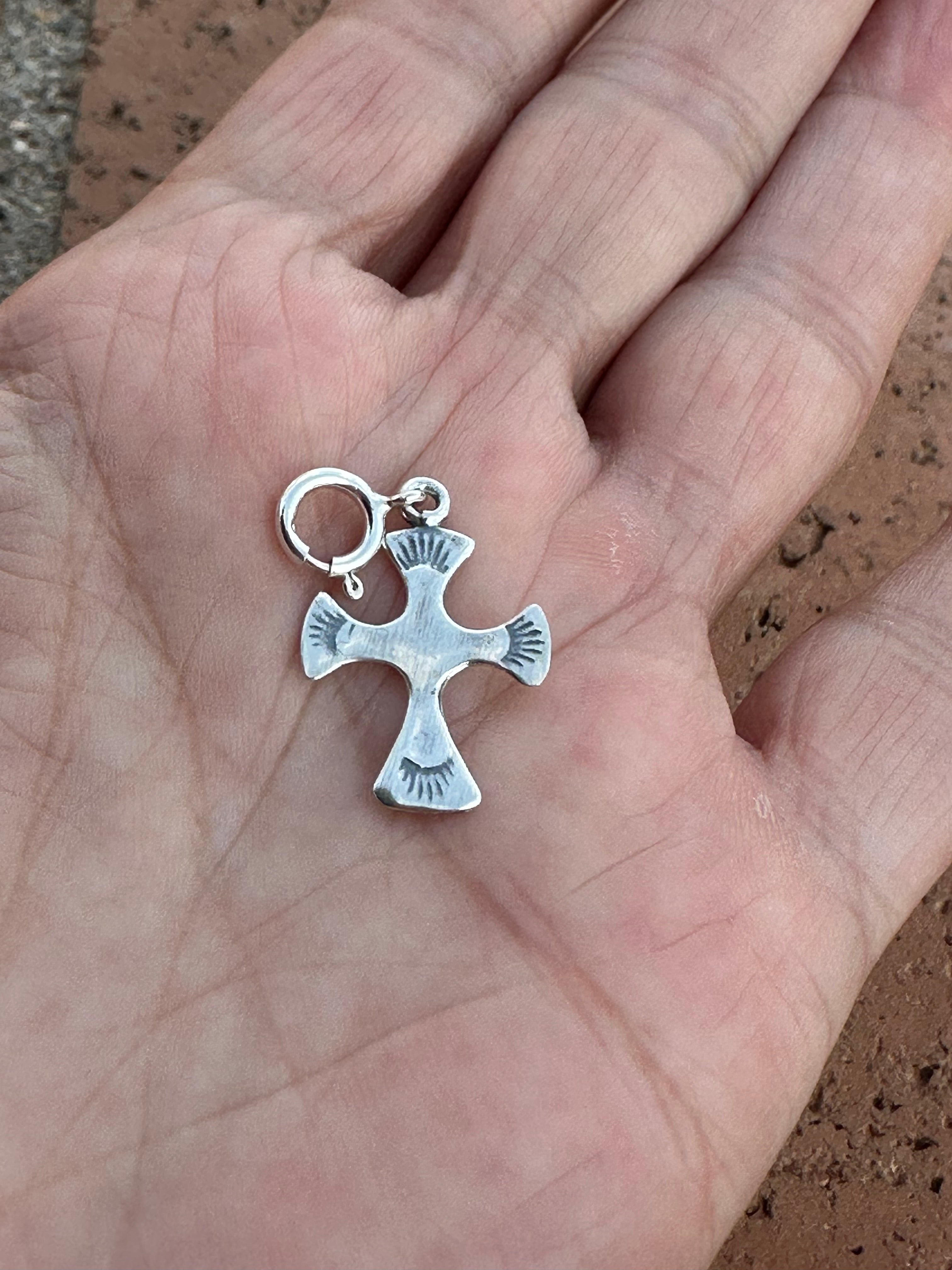 Navajo Crafted Sterling Silver Hand Stamped Cross Charm