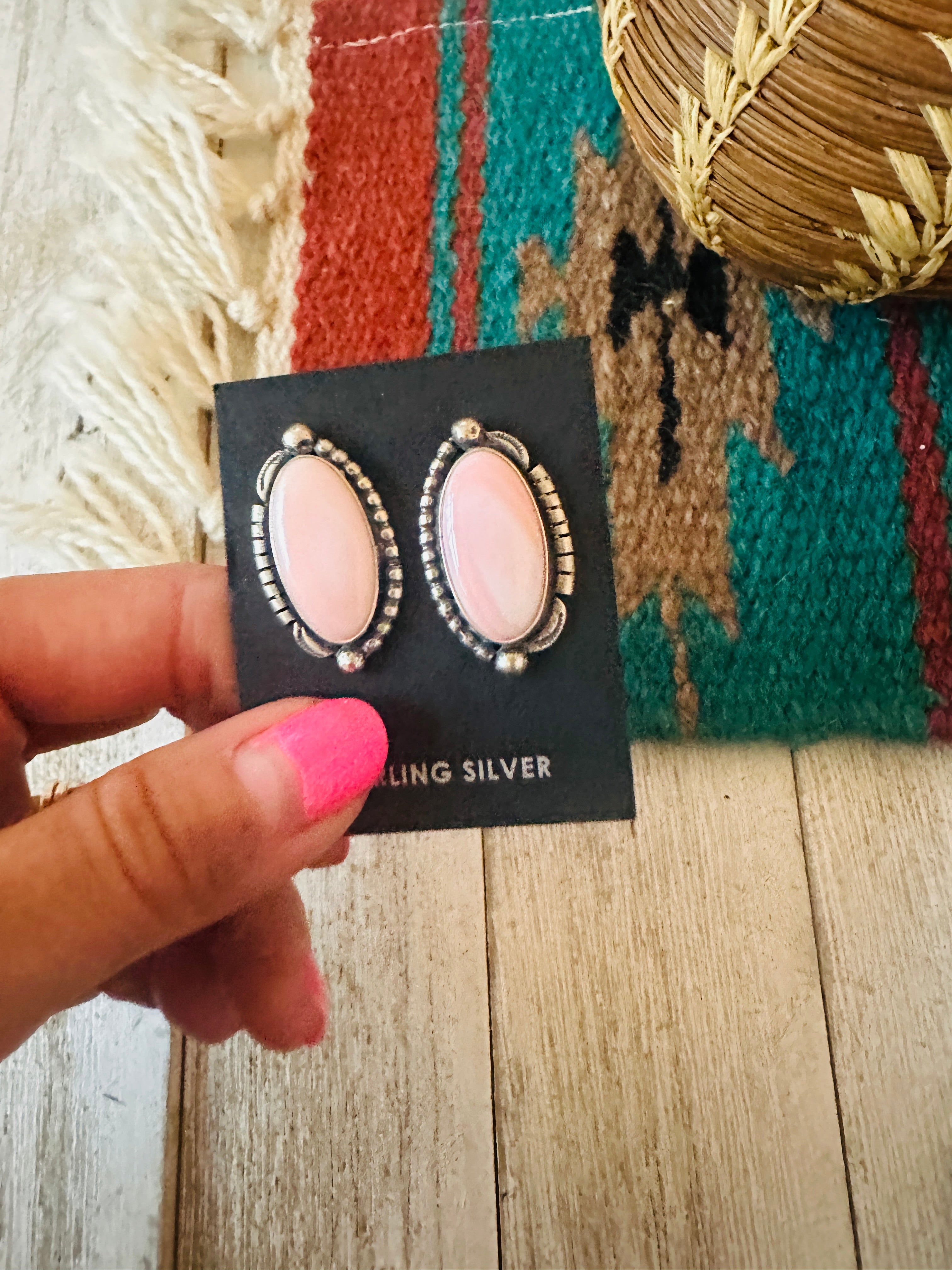 Navajo Sterling Silver & Queen Pink Conch Post Earrings