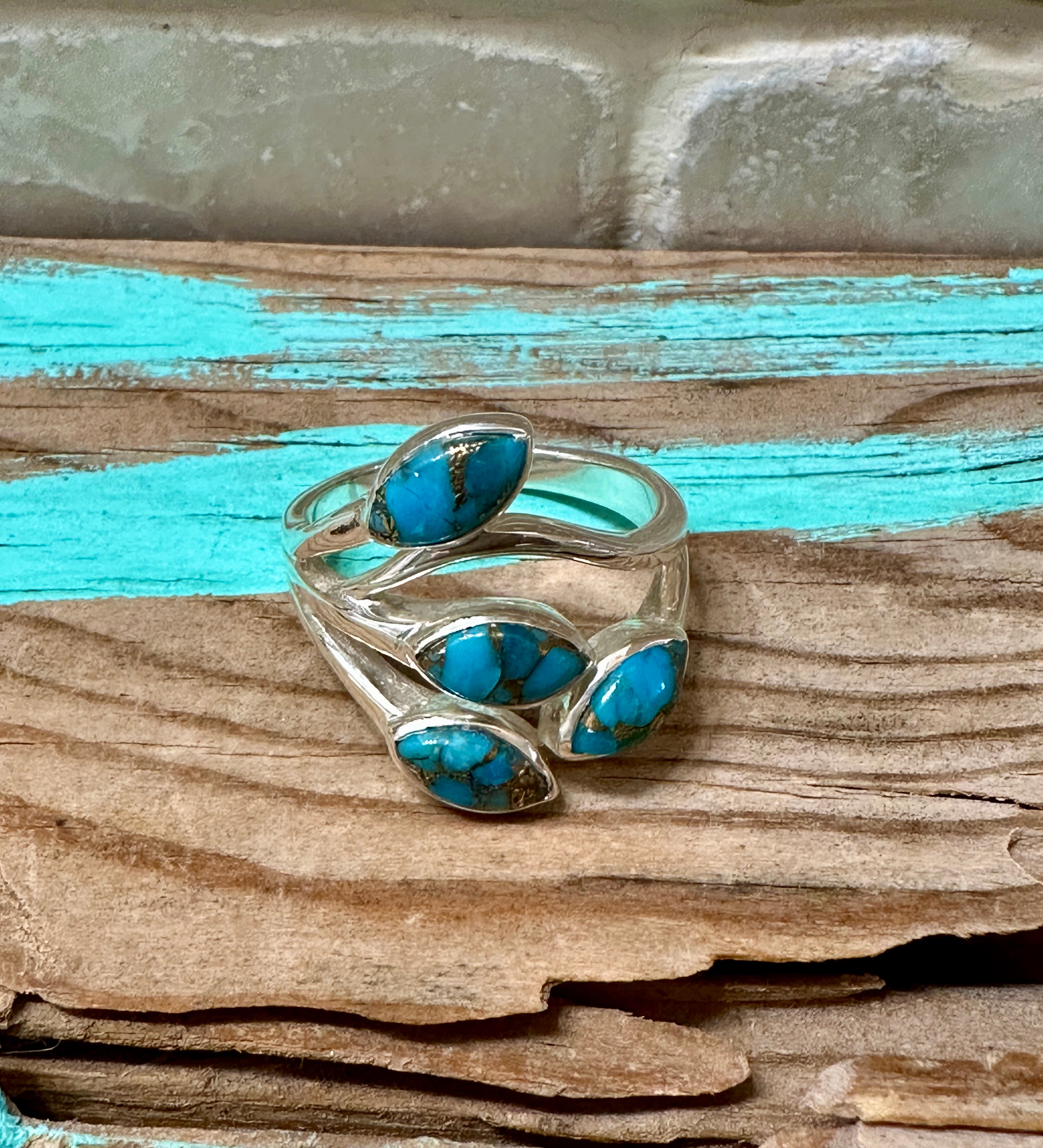 Four Stone Blue Copper Turquoise Sterling Silver Ring Size 9 #2