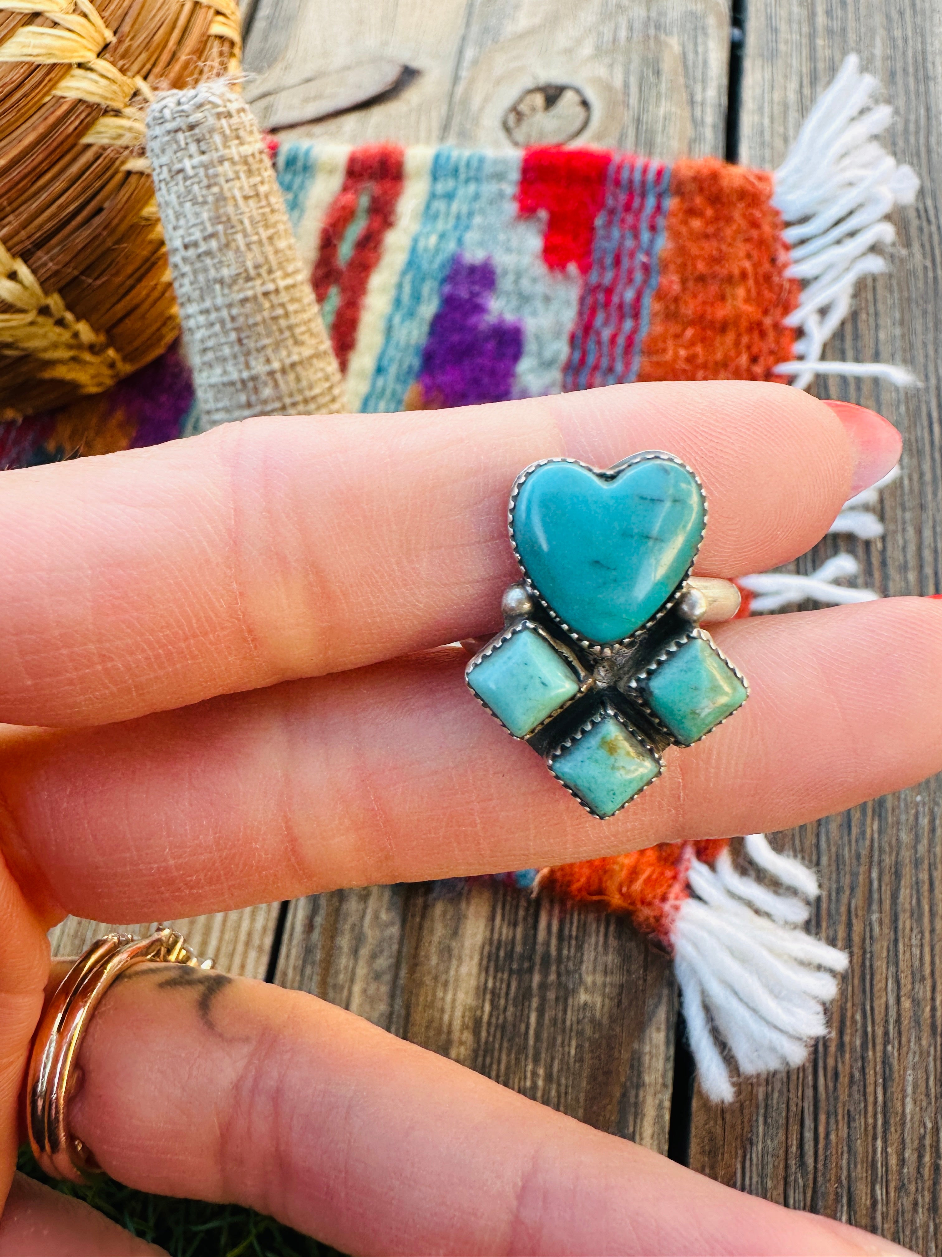 Handcrafted Turquoise & Sterling Silver Heart Adjustable Ring by Julia Etsitty