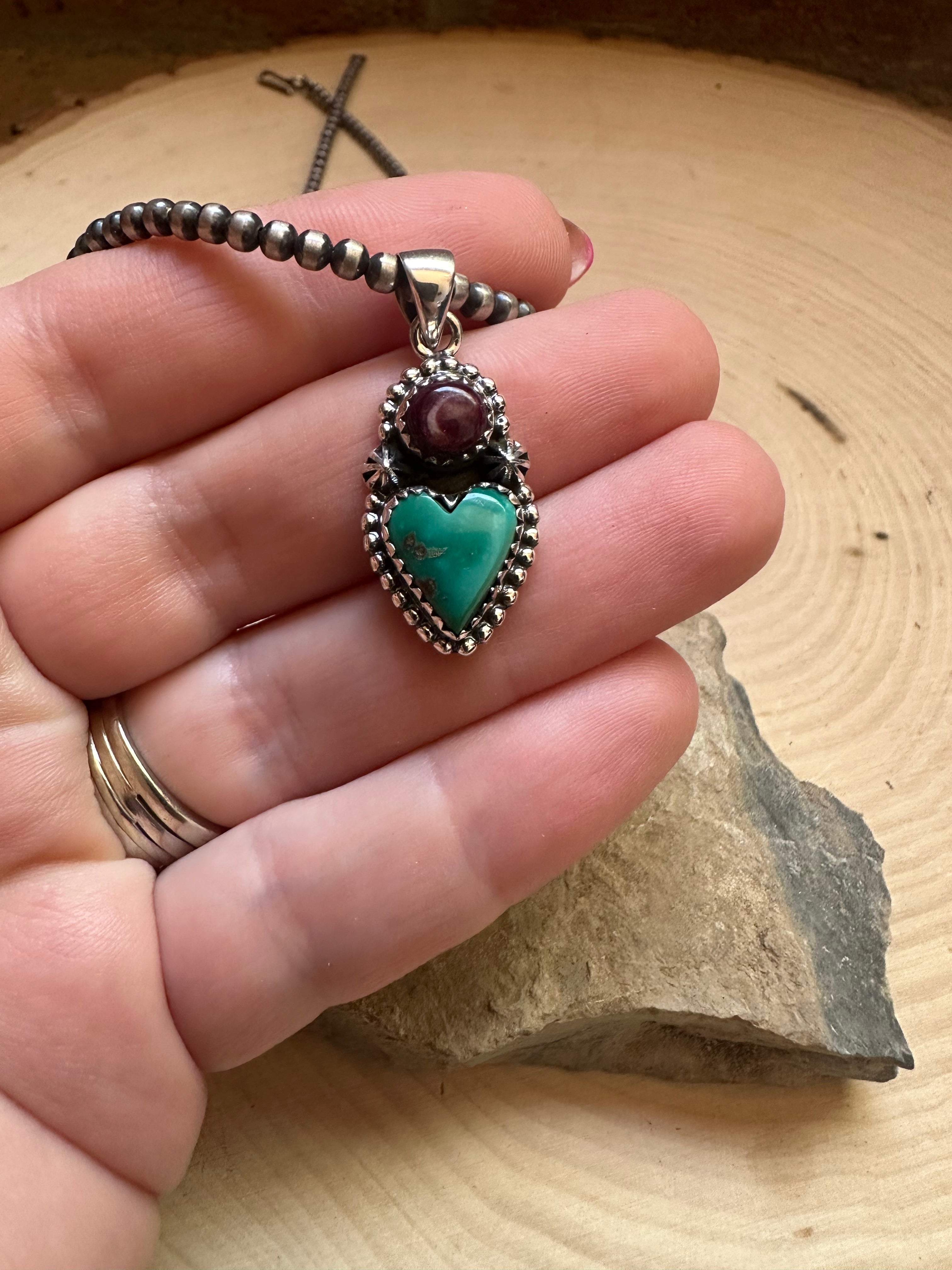 Handmade Purple Spiny, Turquoise & Sterling Silver 2 Stone Heart Pendant Signed Nizhoni