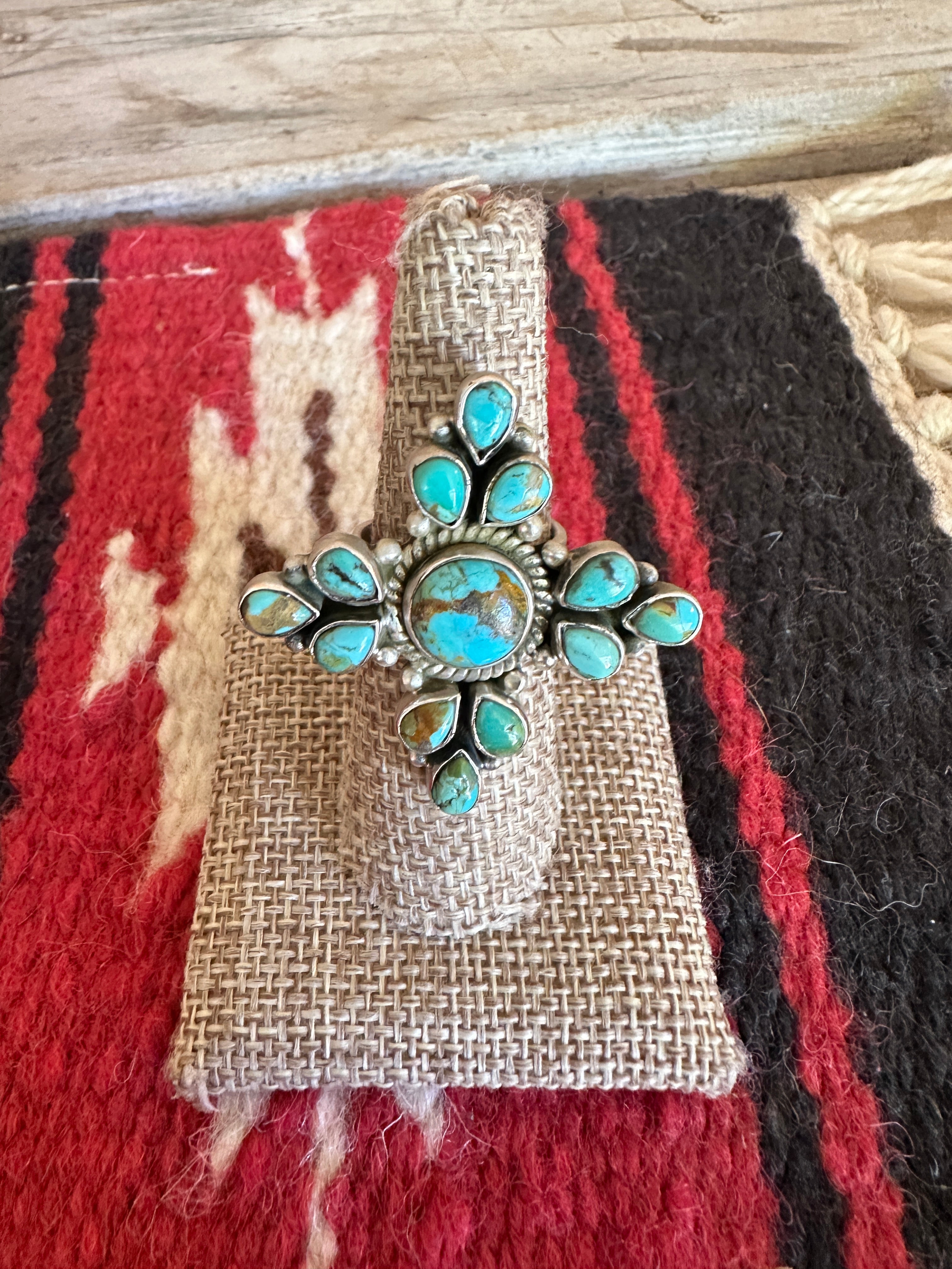 Beautiful Handmade Turquoise And Sterling Silver Adjustable CROSS Ring