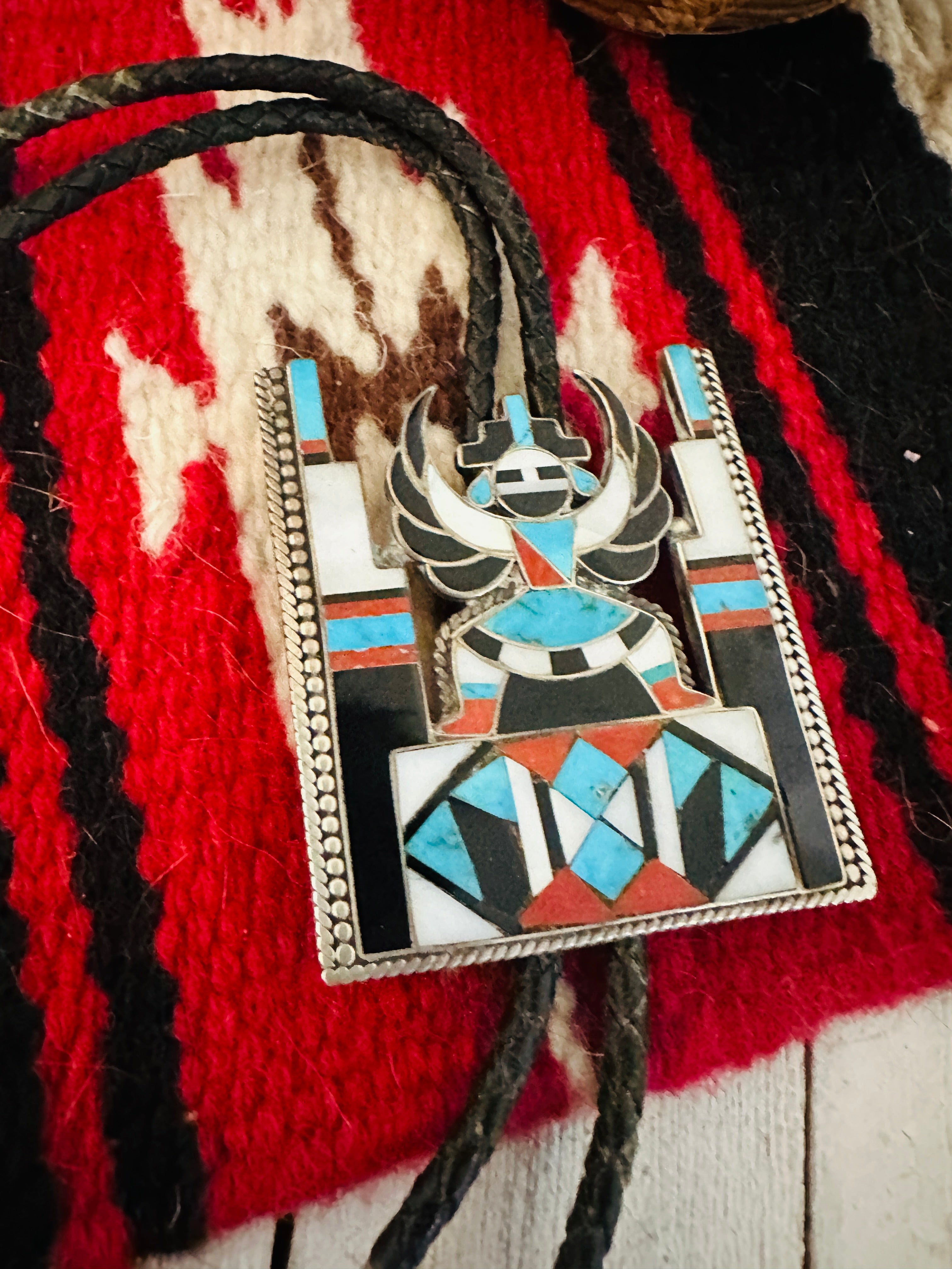 Vintage Old Pawn Zuni Multi Stone & Sterling Silver Inlay Thunderbird Bolo Tie