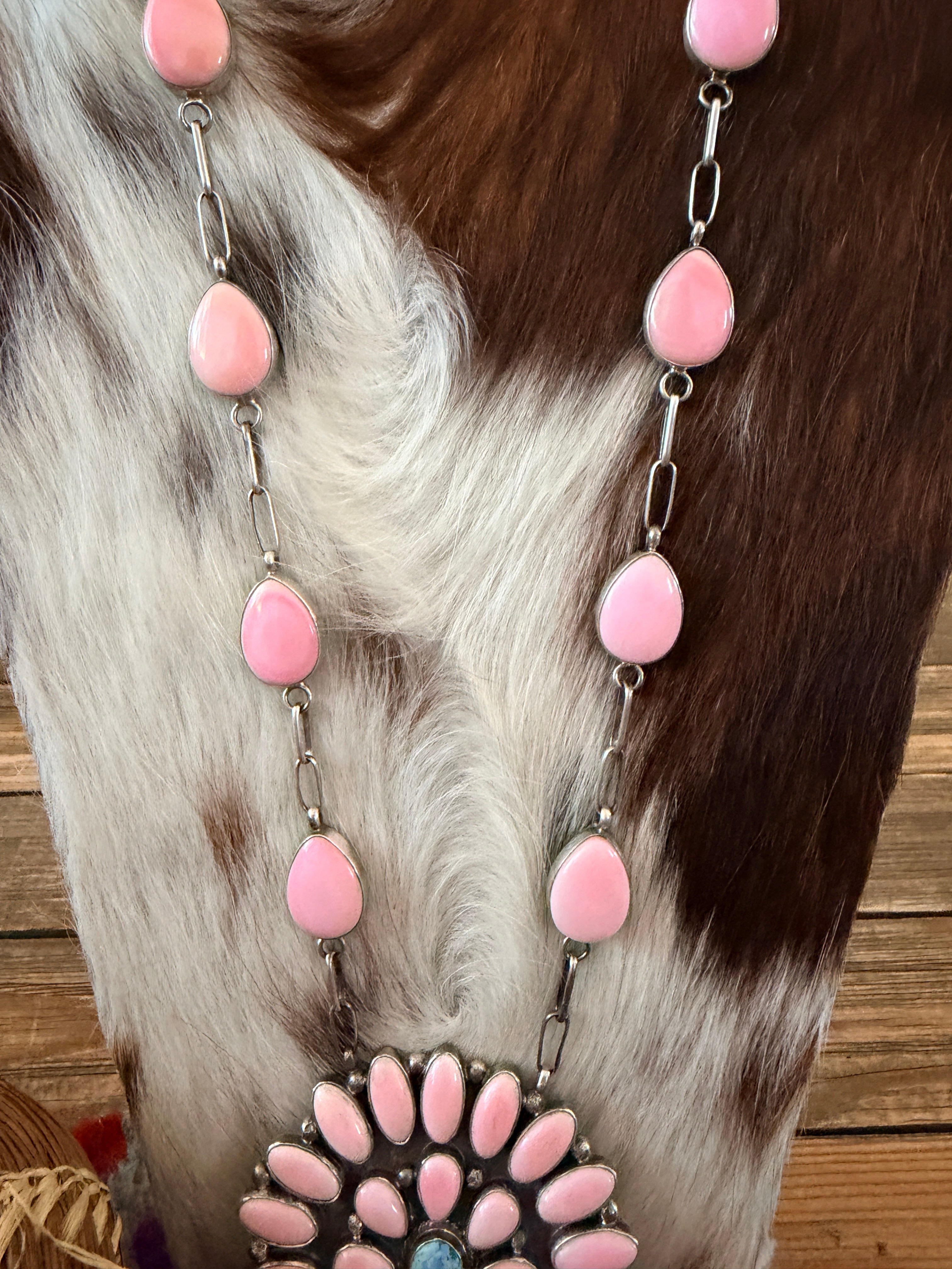 Handcrafted Queen Pink Conch, Turquoise & Sterling Silver Cluster Necklace by Fred Francis