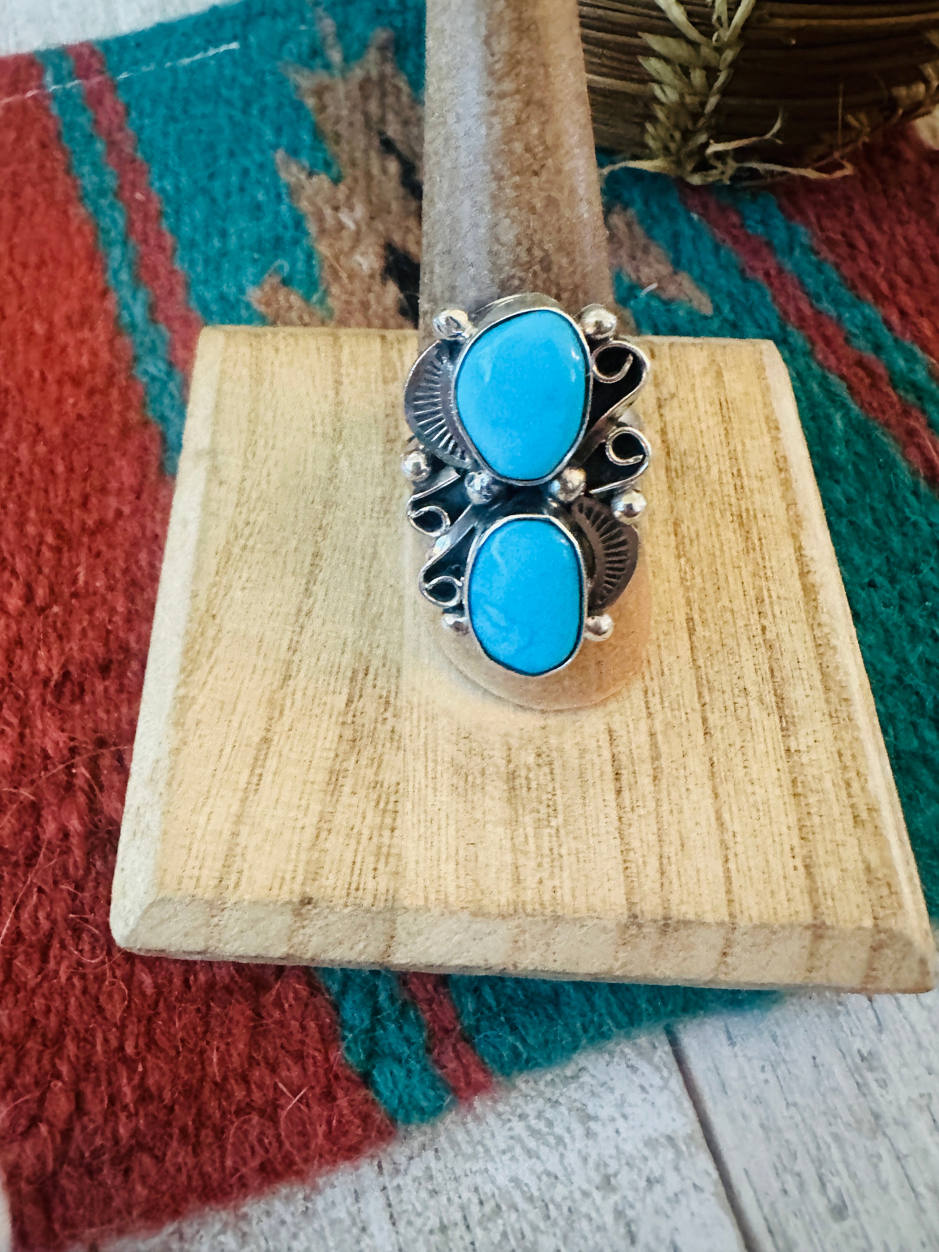 Handcrafted Turquoise & Sterling Silver Two Stone Ring Size 8.5