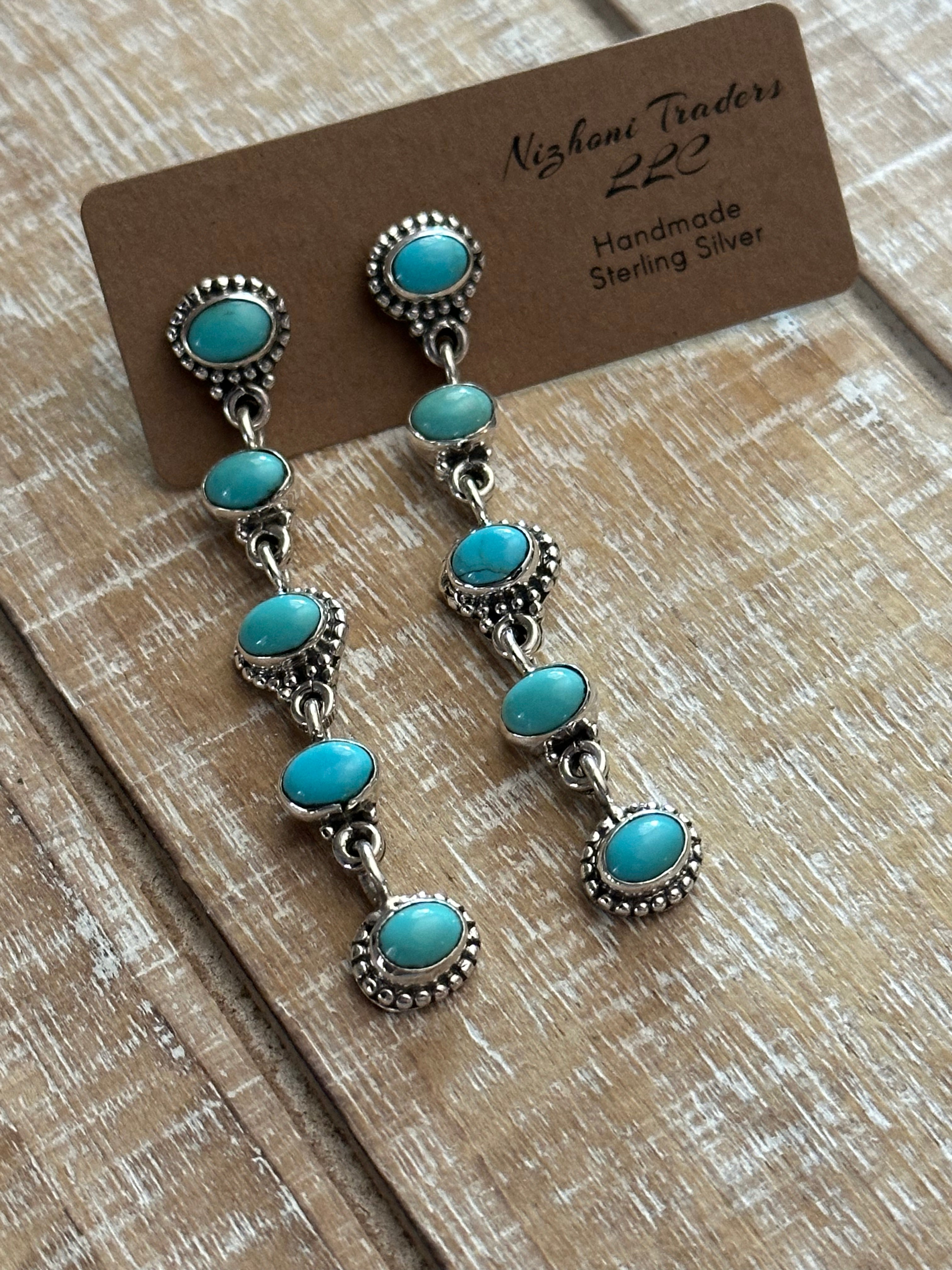 Handmade Kingman Turquoise And Sterling Silver 5 Stone Dangle Earrings