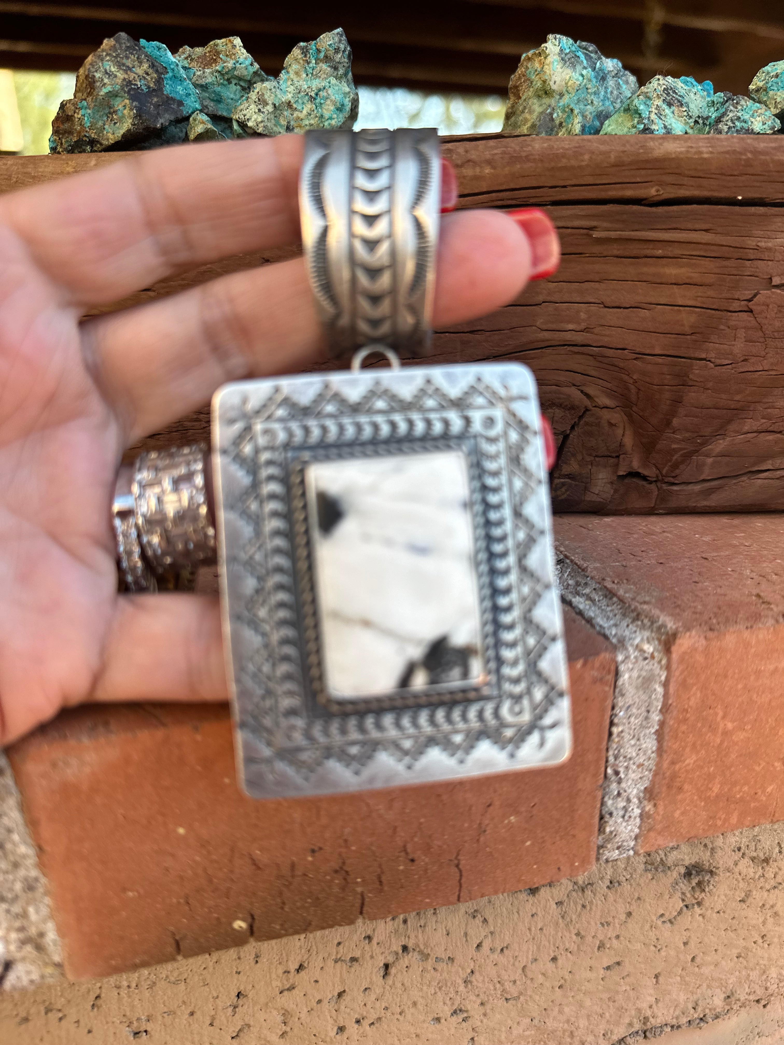 Navajo Hand Stamped Sterling Silver & White Buffalo Concho Pendant