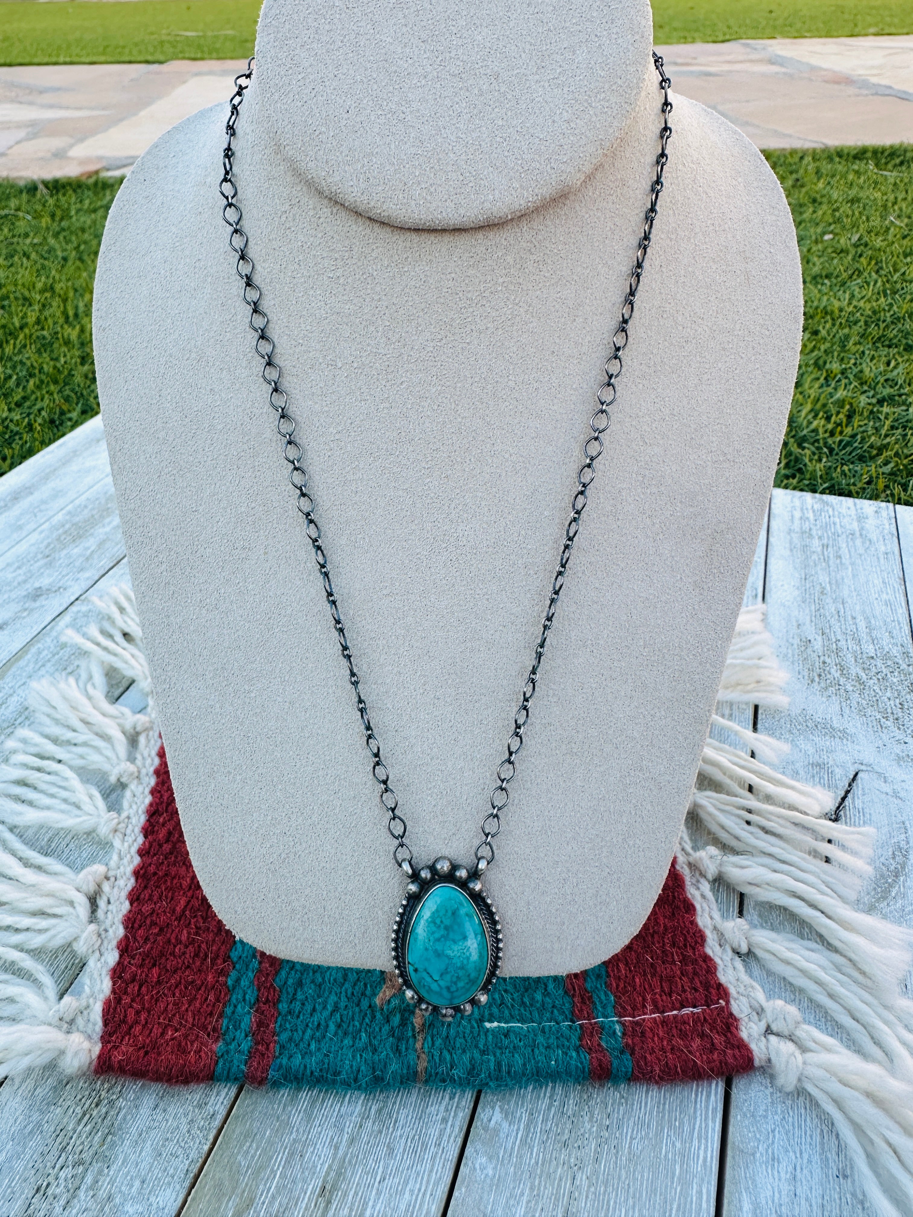 Handcrafted Sterling Silver 18” Link Chain & Turquoise Necklace