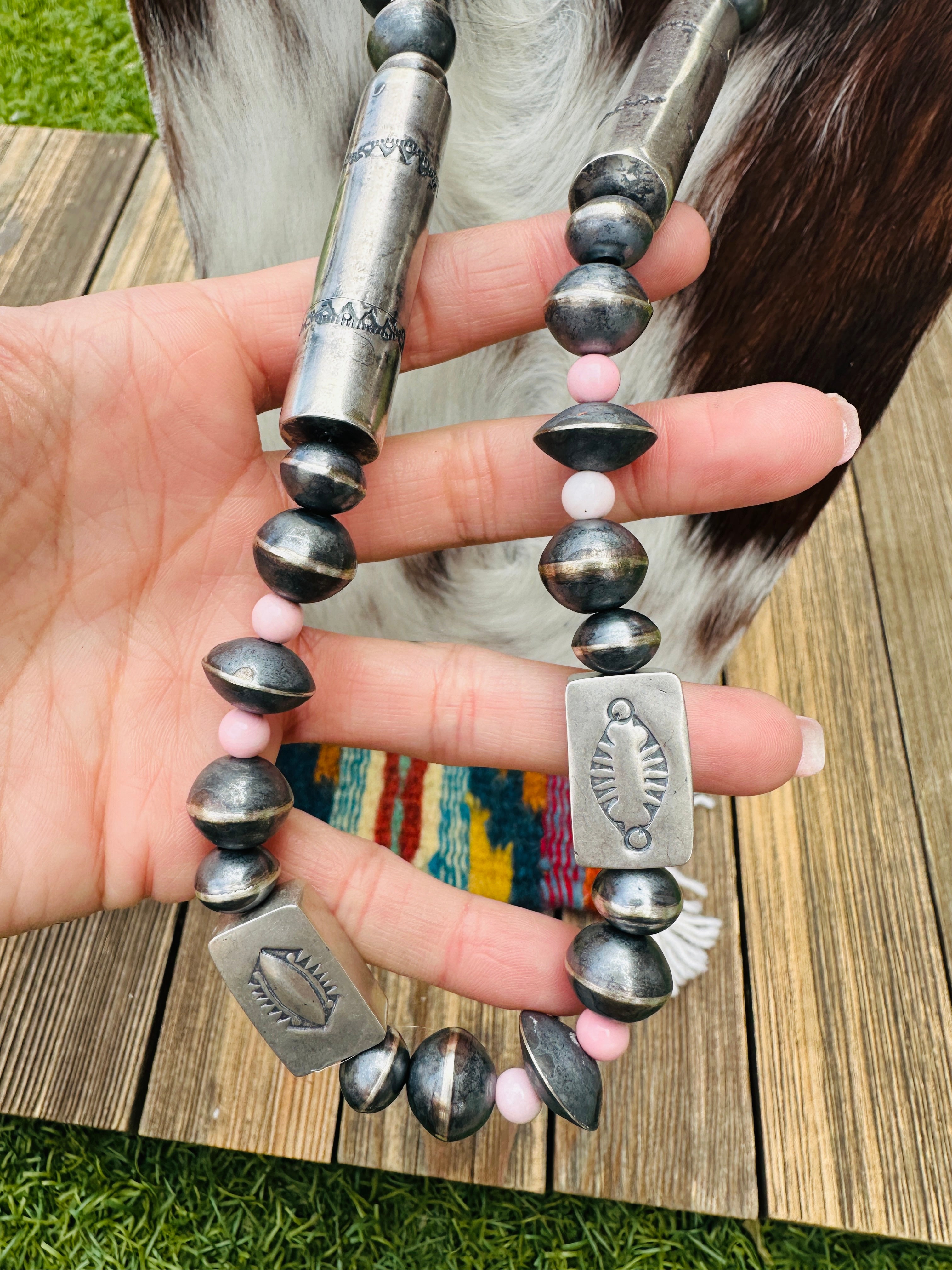 Handcrafted Queen Pink Conch & Hand Stamped Sterling Silver 36” Beaded Necklace