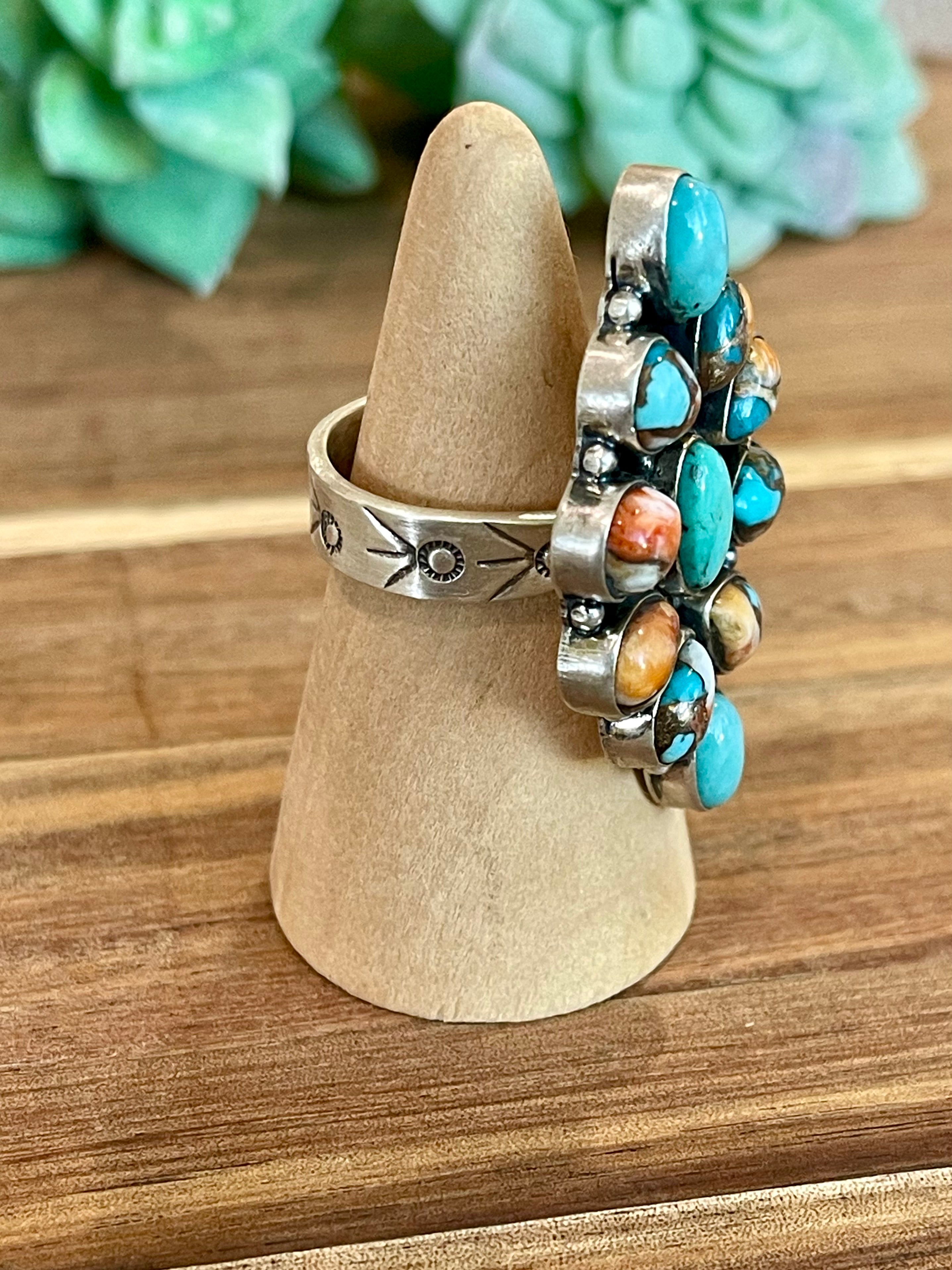 Beautiful Handmade Turquoise, Spice And Sterling Silver Adjustable Ring