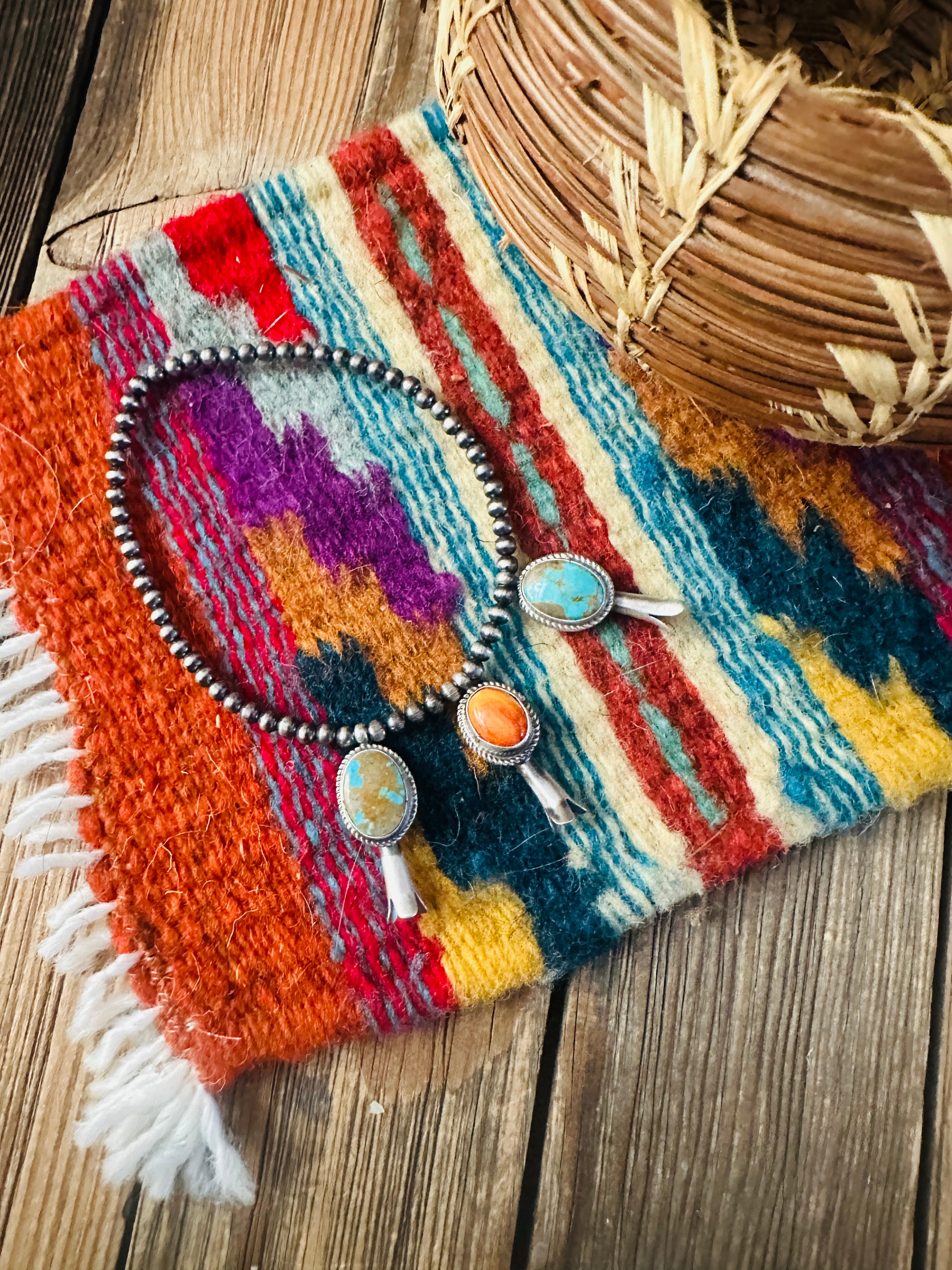 Handcrafted 3mm Sterling Silver Pearl, Turquoise & Spiny Oyster Blossom Stretch Bracelet