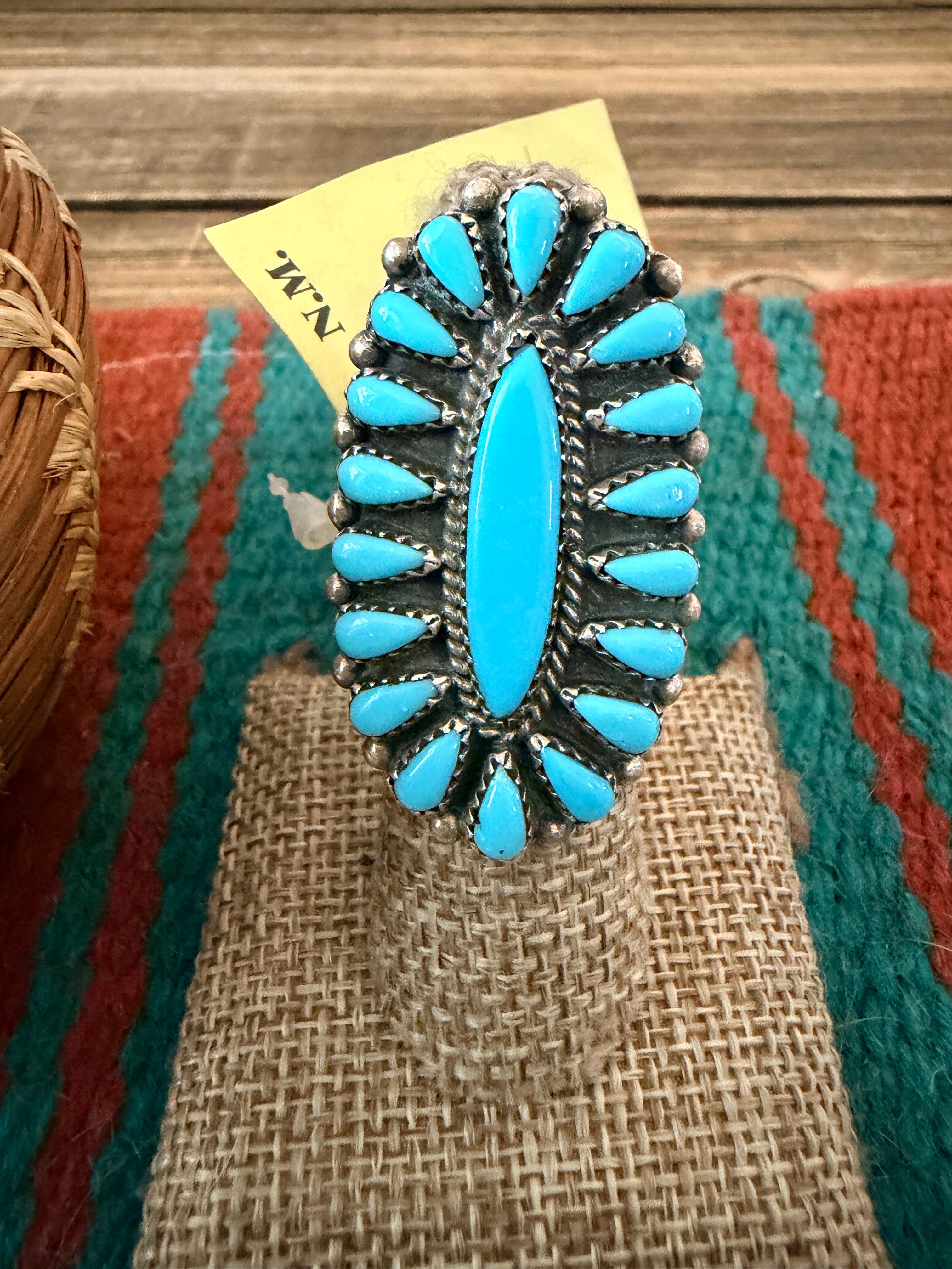 Old Pawn Handcrafted Turquoise & Sterling Silver Cluster Ring Size 7