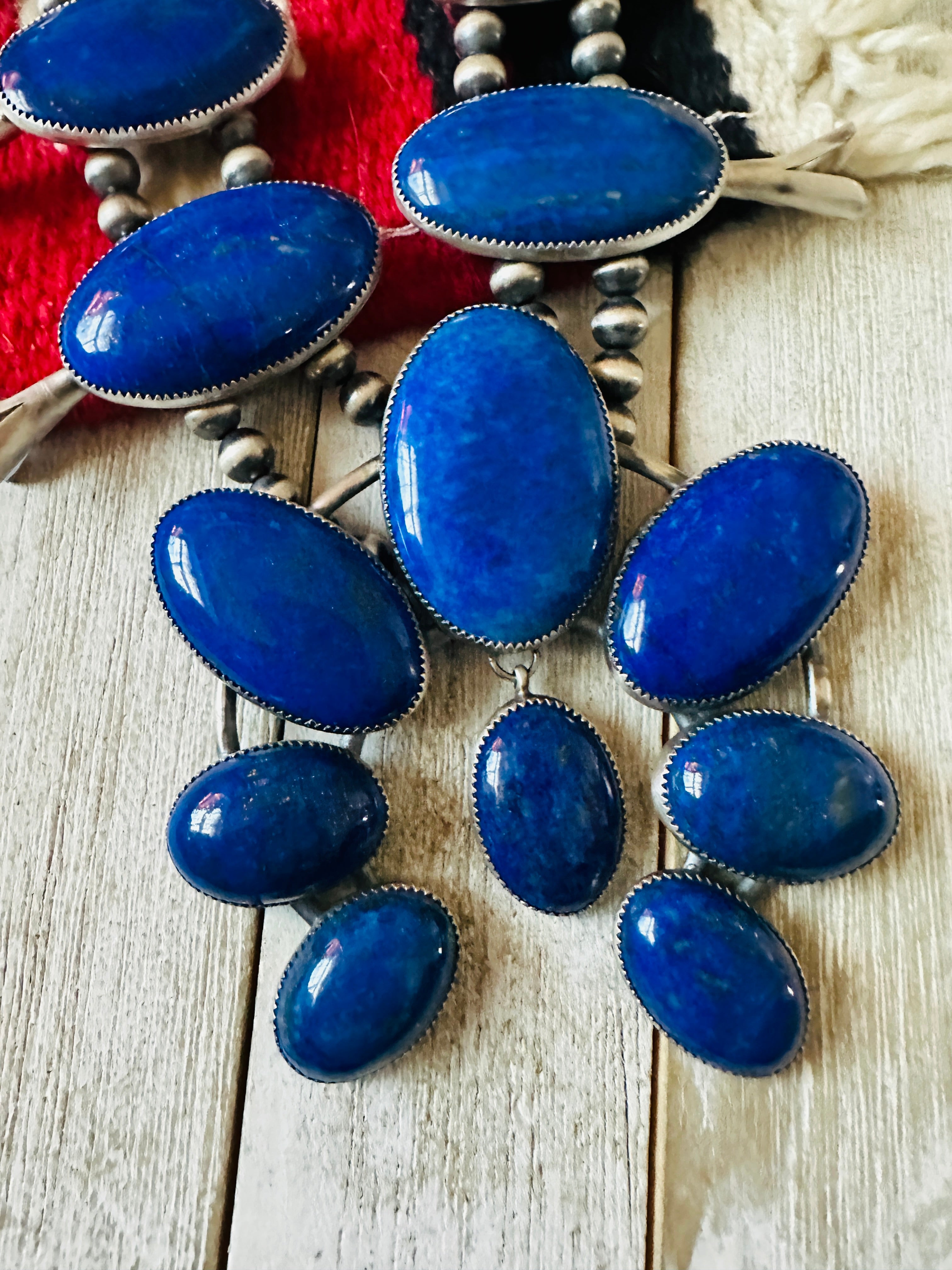 Vintage Old Pawn Navajo Lapis & Sterling Silver Beaded Squash Blossom Necklace Set