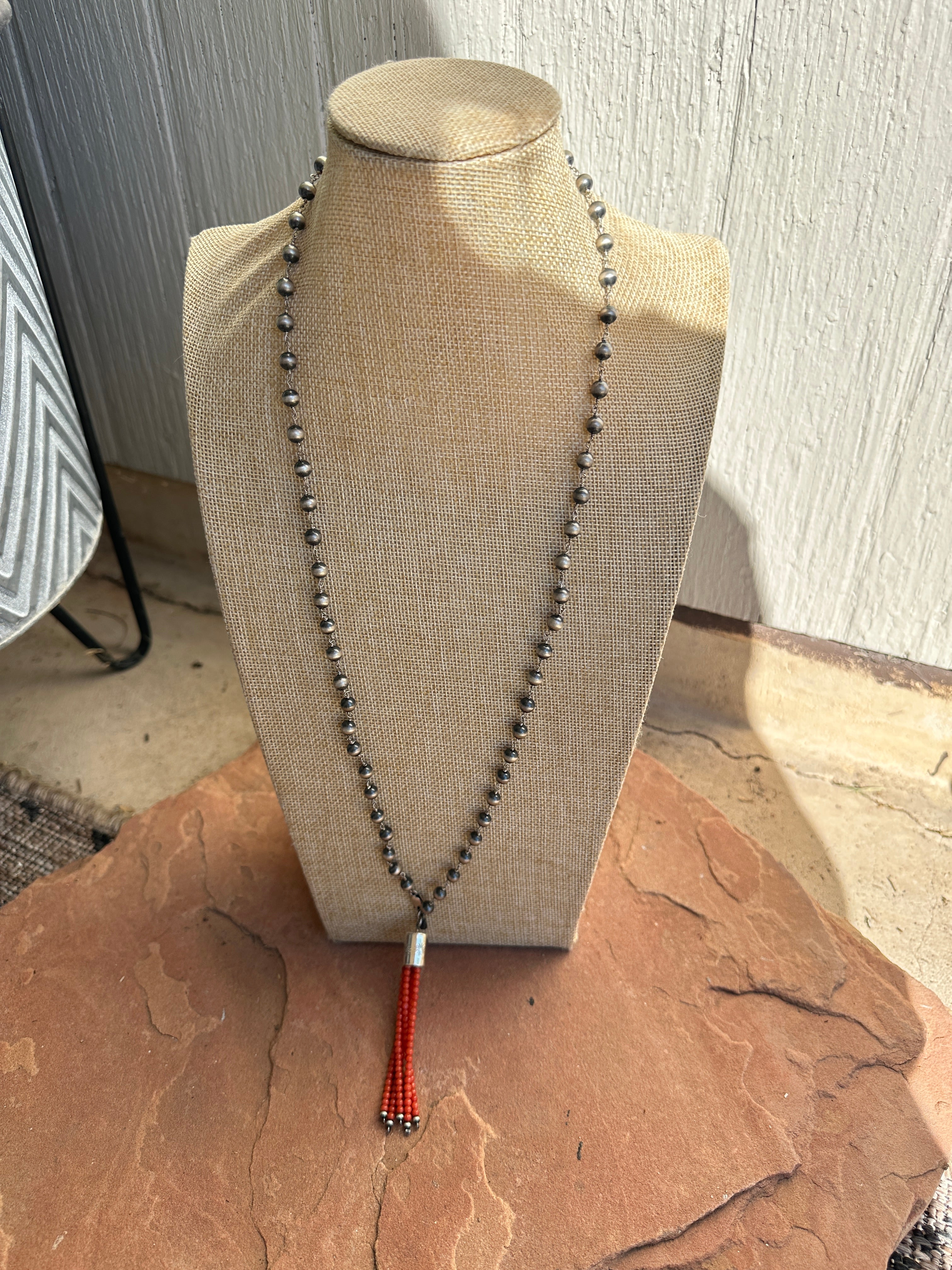 Handmade Sterling Silver Beaded Coral Tassel Necklace