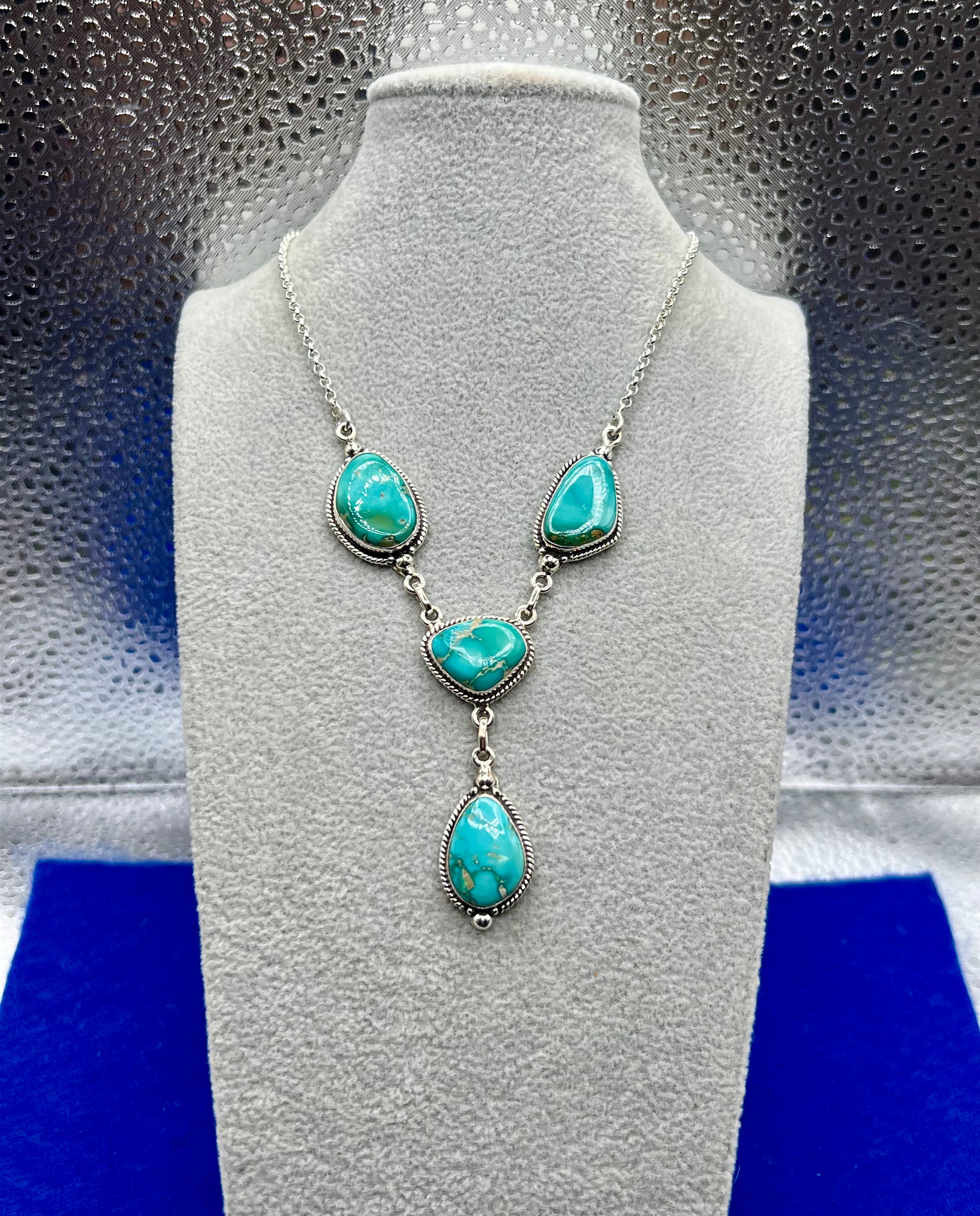 Handmade South Hill Sonoran Turquoise 4 Stone Sterling Silver Necklace