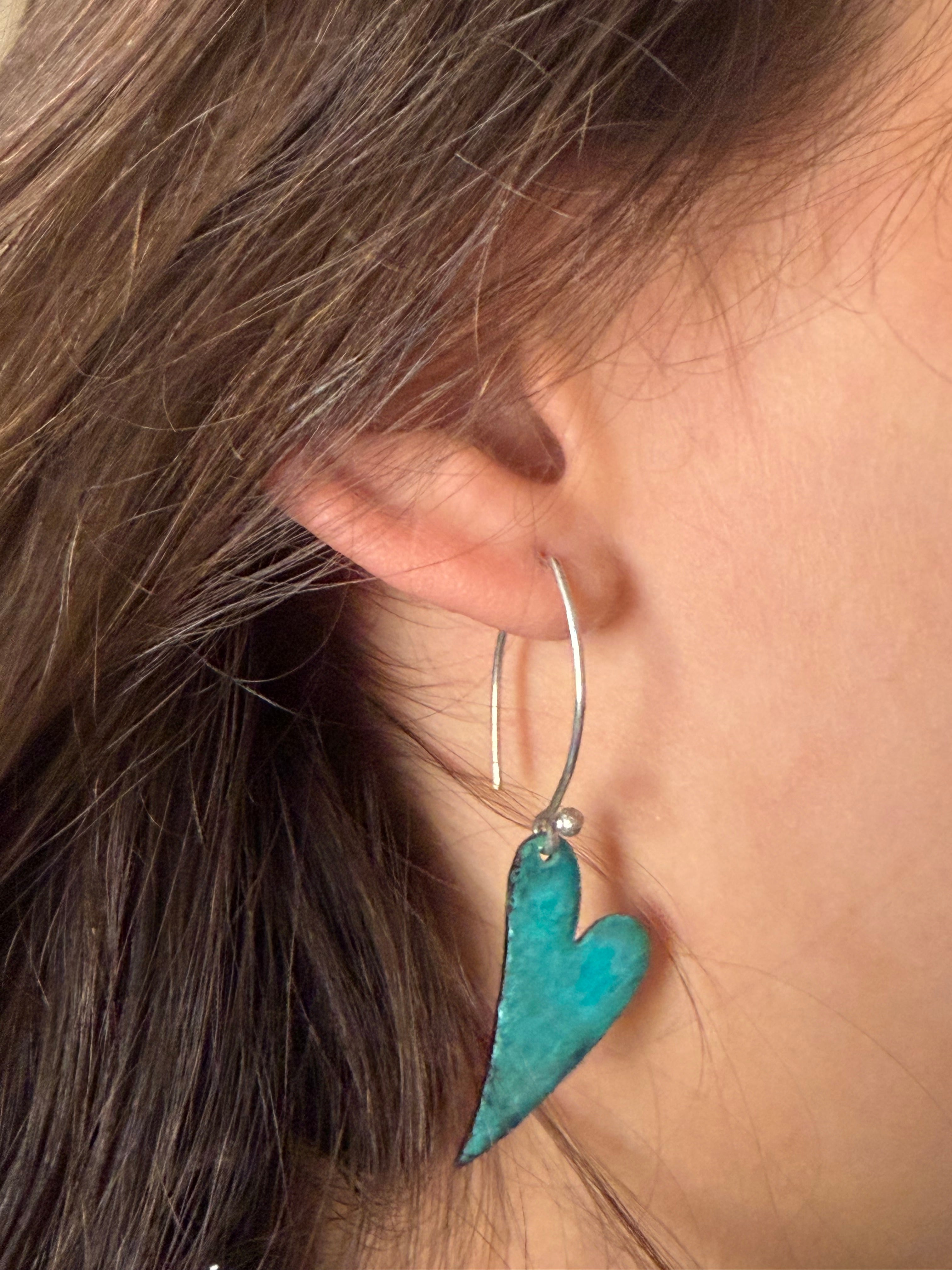 Sterling Oxidized Lacquer Copper & Turquoise Heart Earrings