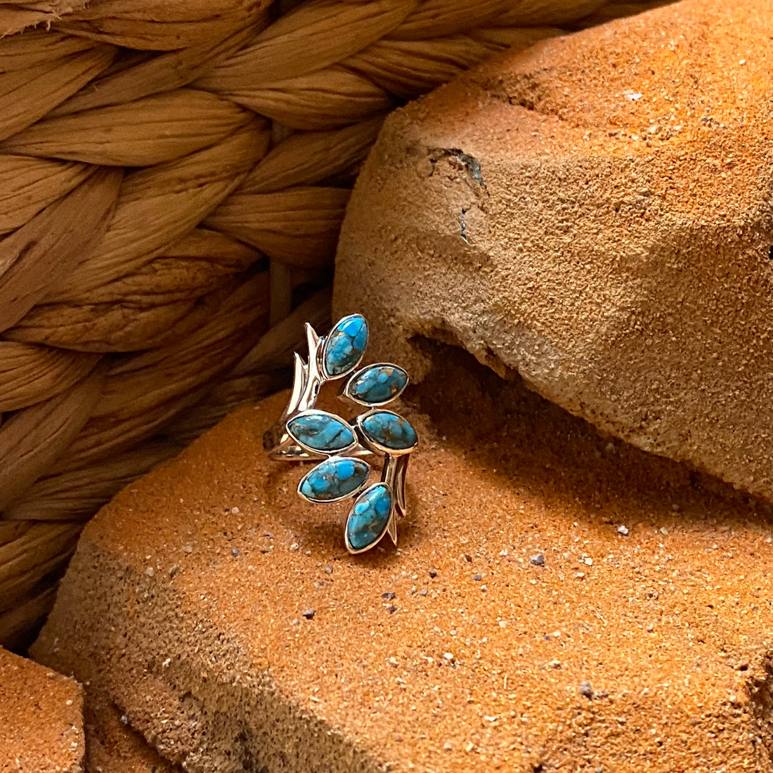 Sterling Silver Six Leaf Copper Turquoise Ring Size 5.5