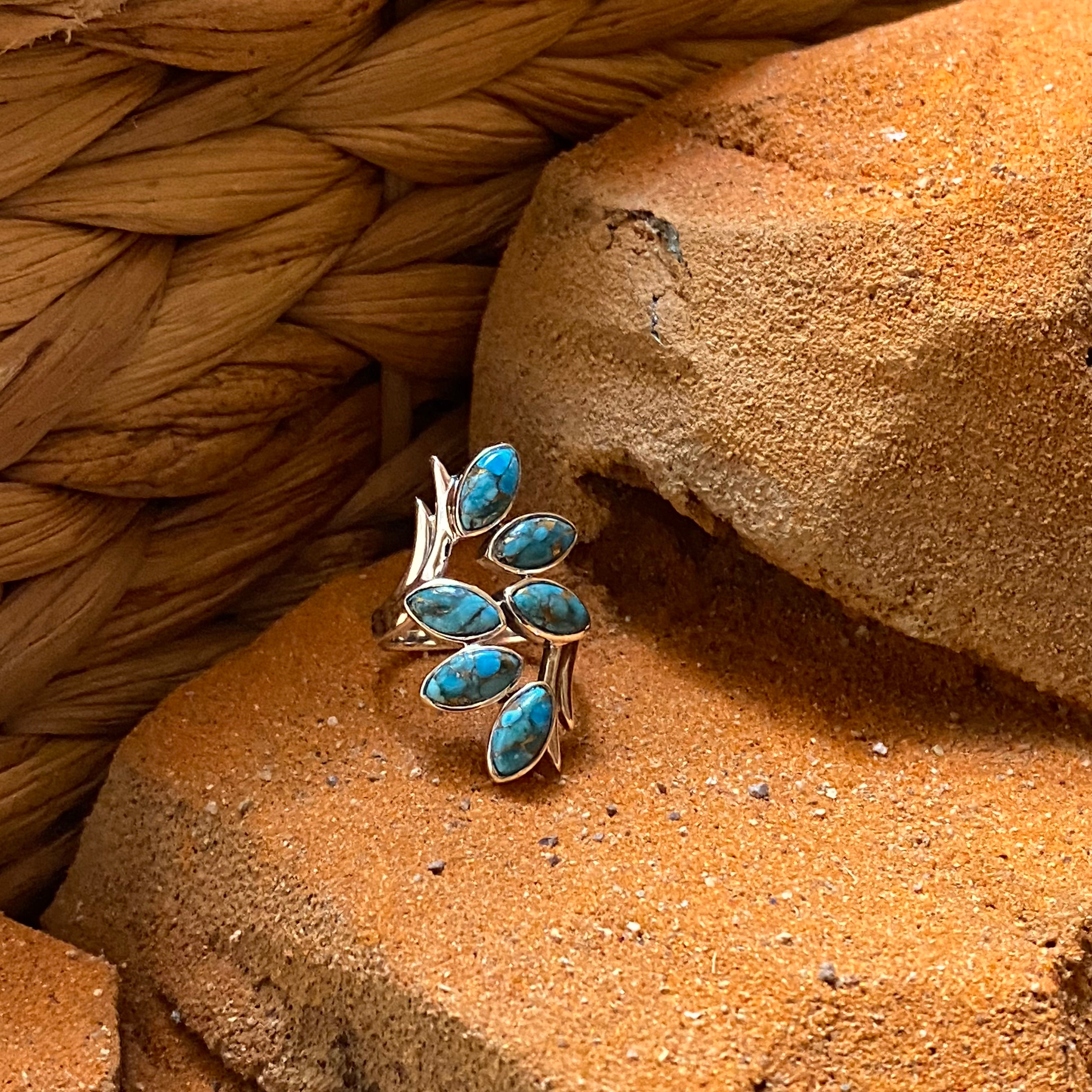 Sterling Silver Six Leaf Copper Turquoise Ring Size 5.5