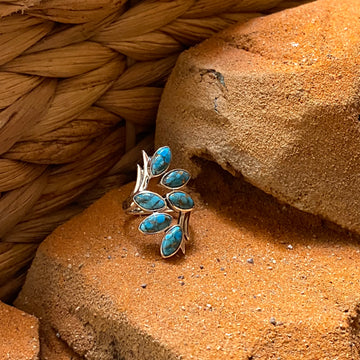 Sterling Silver Six Leaf Copper Turquoise Ring Size 5.5