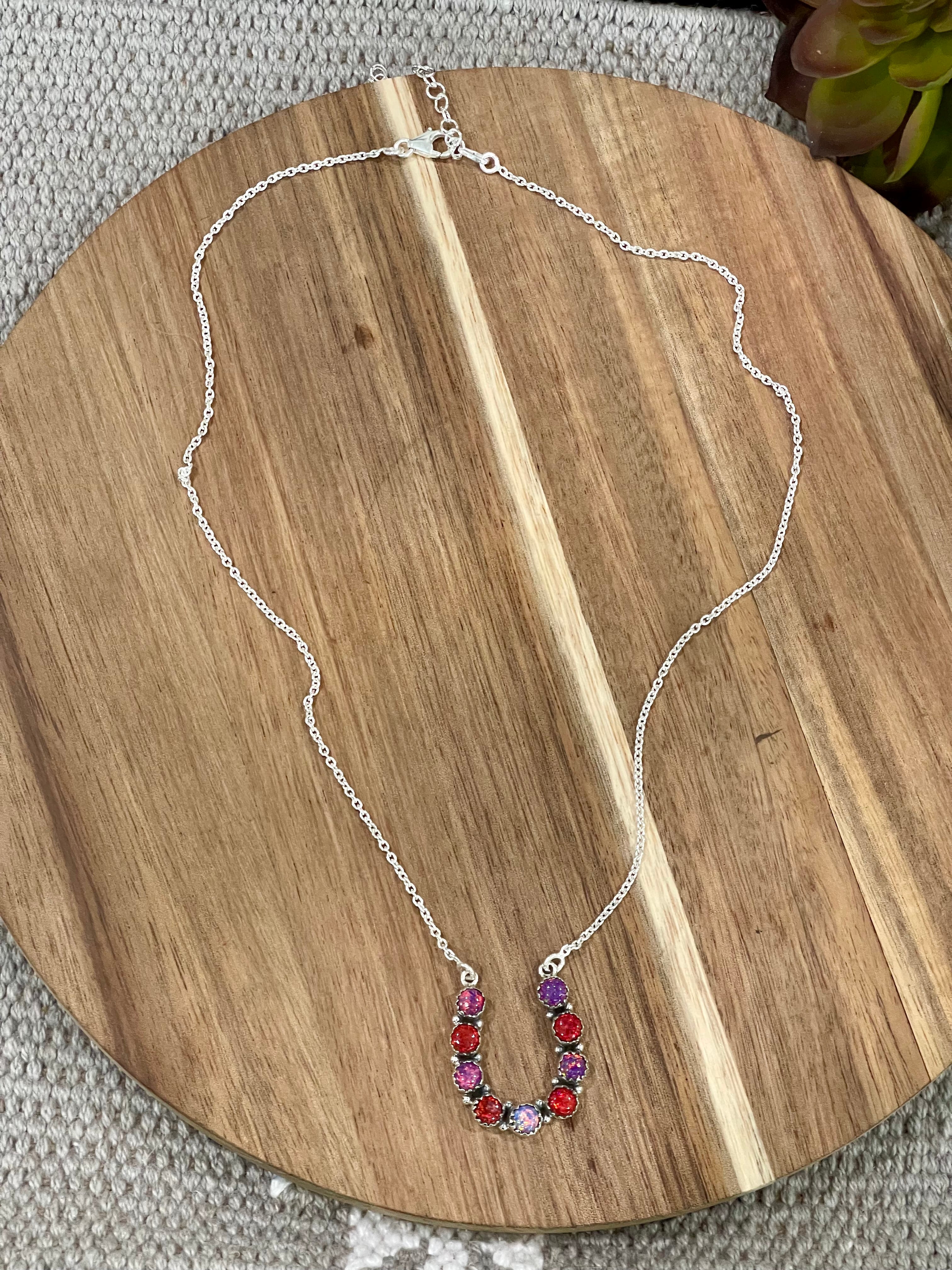 Handmade Sterling Silver, Red Fire Opal & Purple Fire Opal Horseshoe Necklace